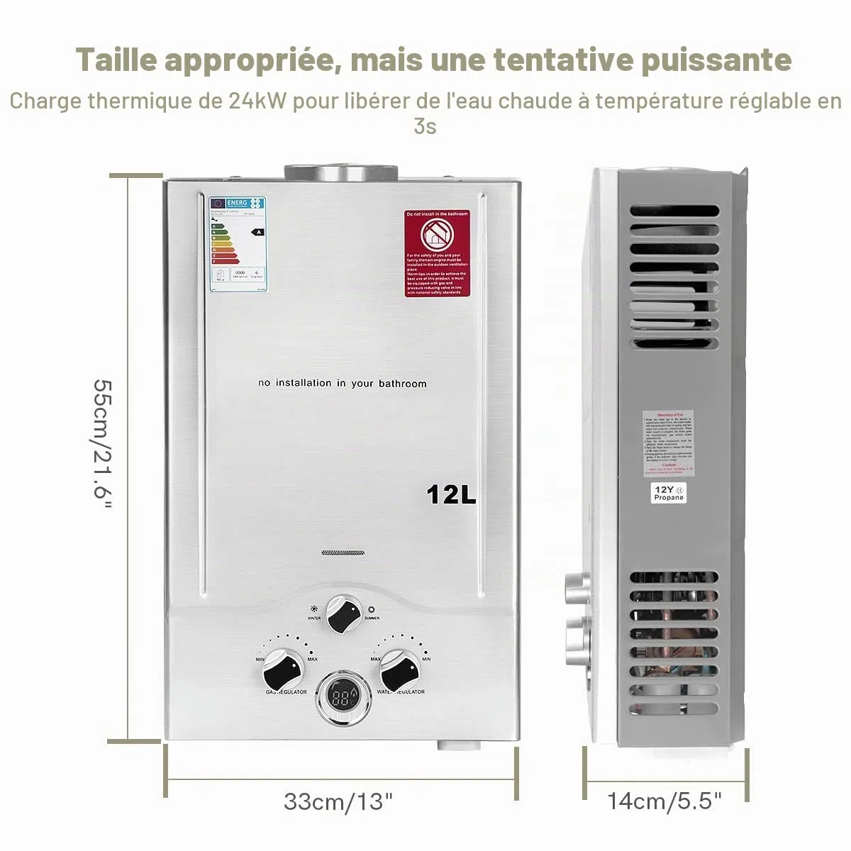 Chauffe-eau à Gaz 12LPM, Chauffe-eau Instantané Butane Propane avec une Pression d'Eau Requise Super Faible de 0,2 Bar pour Maison, Cabine, Caravane, Grange, Fonctionnant au GPL
