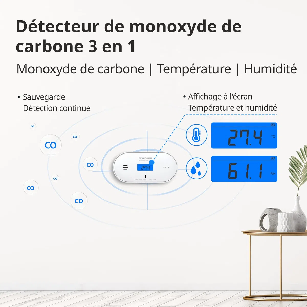 Détecteur de monoxyde de carbone, batterie scellée 10 ans, alarme de monoxyde de carbone, avec détection de température et d'humidité et affichage LCD, détecteurs de monoxyde de carbone pour la maison