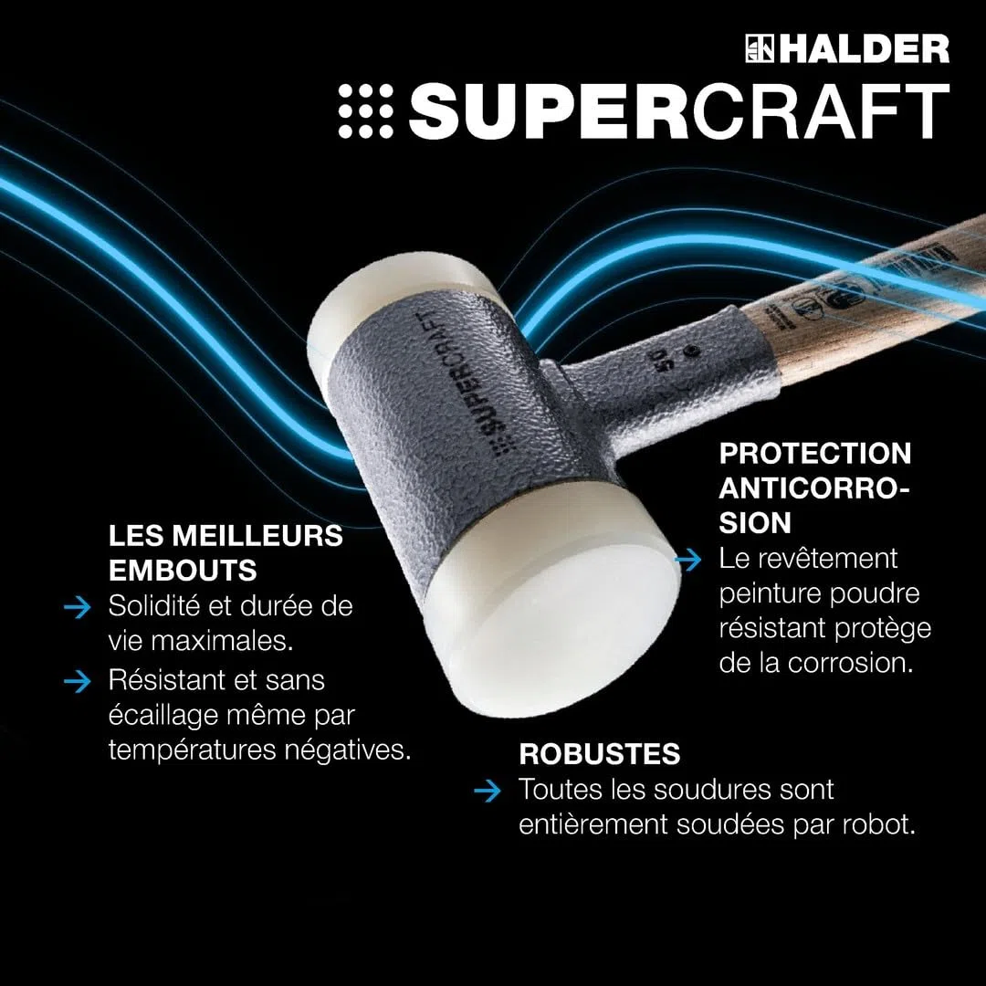 Maillet SUPERCRAFT, Avec manche en hickory verni, amortissant les vibrations et ergonomique et embout arrondi | D=30 mm | 3366.230