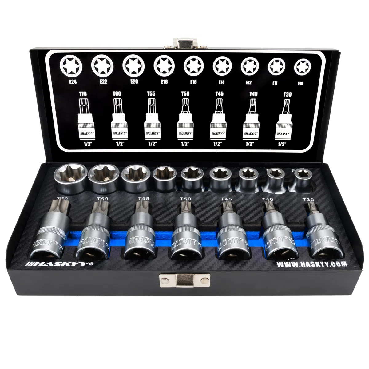 HASKYY Professional 16 pièces Jeu de douilles Torx d'embouts I Jeu d'écrous I T30-T70 55mm de long I E10-E20 39mm de long