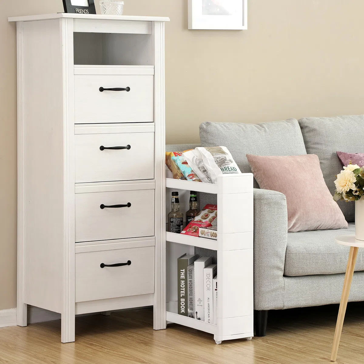 SONGMICS Étroit Chariot, Meuble de Rangement Mobile, Commode sur roulettes avec 3 Étagères, pour Cuisine, Salle de Bain, Garage, Largeur de 17 cm KFR09WT, Blanc