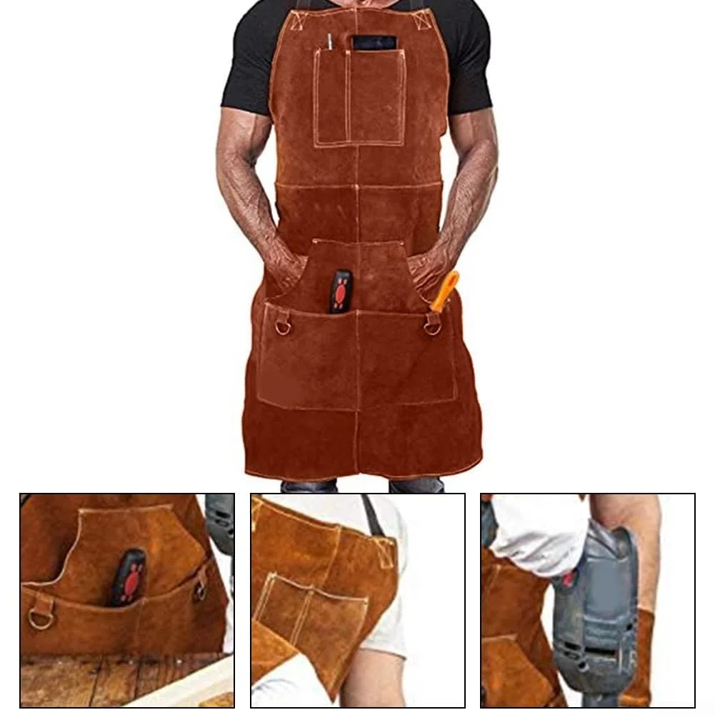 Tablier de soudeur en cuir de vache avec 6 poches pour homme - Résistant à la chaleur - Protection contre les flammes - Pour atelier de forgeron, armurier - Rangement d'outils - Motif croisé dans le