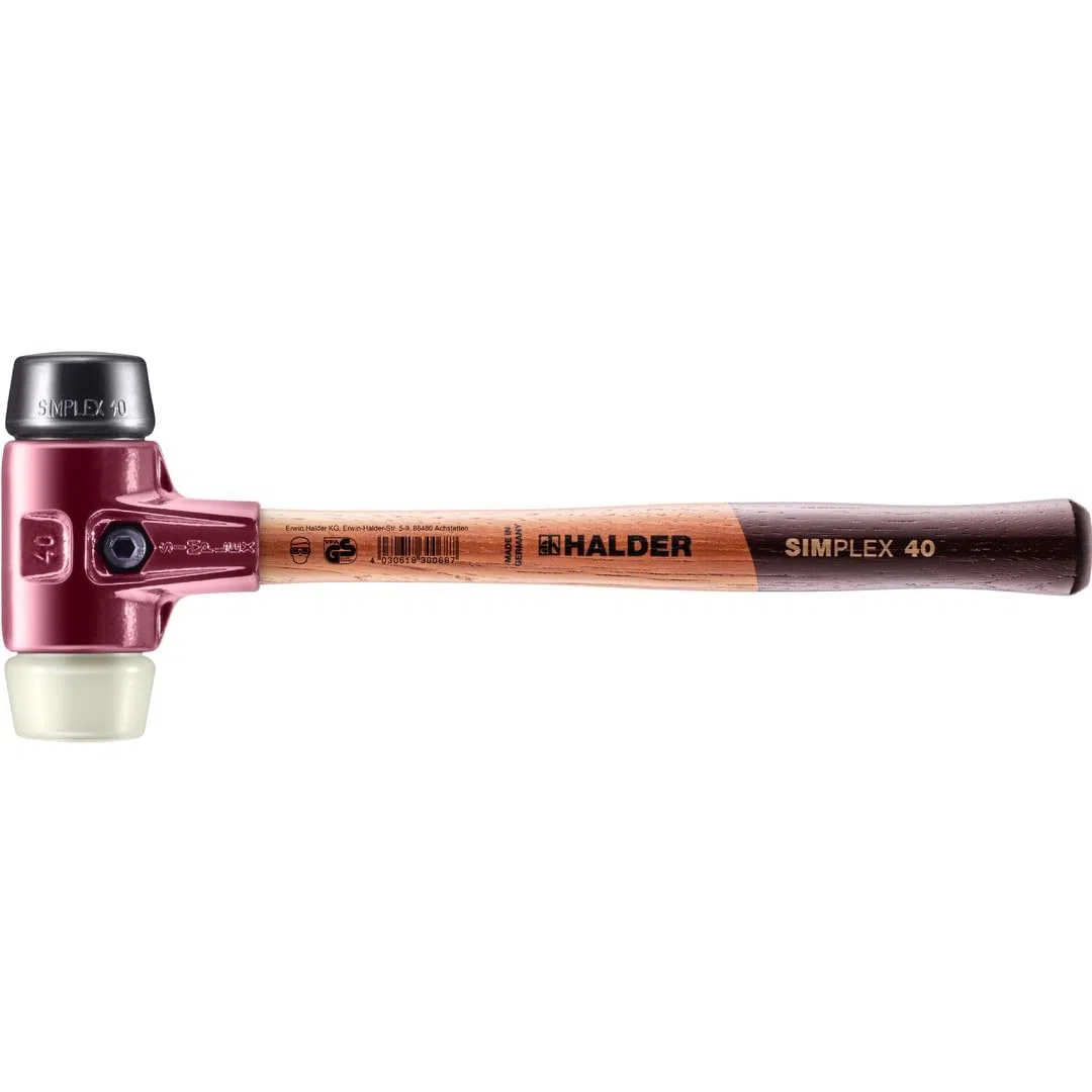 Maillet SIMPLEX, Caoutchouc chargé/nylon; avec boîtier en fonte malléable et manche en bois | D=40 mm | 3028.040