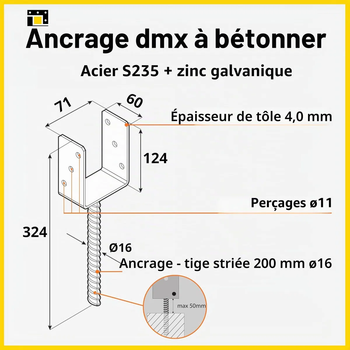 DMX - Supports de poteau en U - Lot de 6 ancrages de poteau - Connecteurs de bois - Patte de poutre profil U - Support de poteau 70x70 - Support de poteau à encastrer - Pied de support pour poteaux de