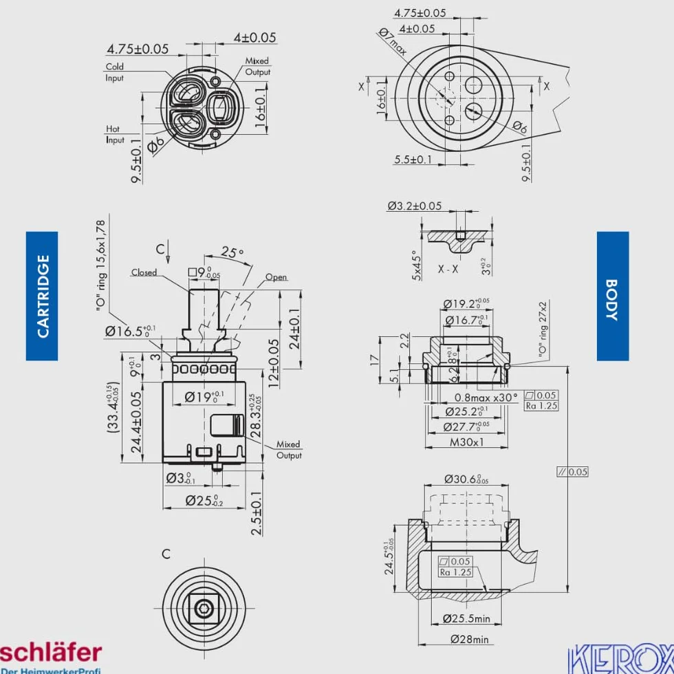 Schläfer | 4800351 Cartouche de rechange KEROX 25 OPSsans régulateur de température, Cartouche Céramique Ø 25 mm pour Robinetterie, Mélangeur à cartouche de robinet en céramique, 25mm.