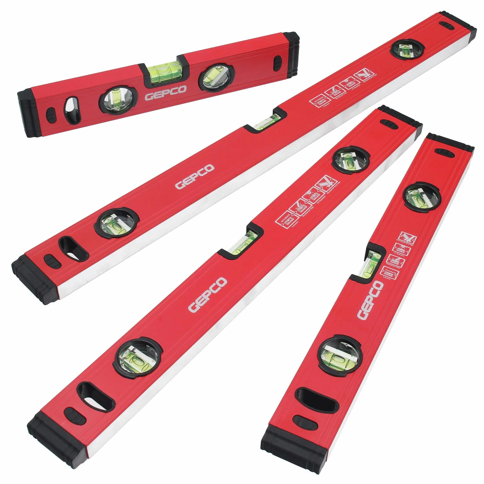 GEPCO Lot de 4 niveaux à bulle professionnels 60 + 80 + 100 + 120 cm en aluminium 1,2 mm Balance de mesure 3 fioles Tolérance de mesure : 0,5 mm/m