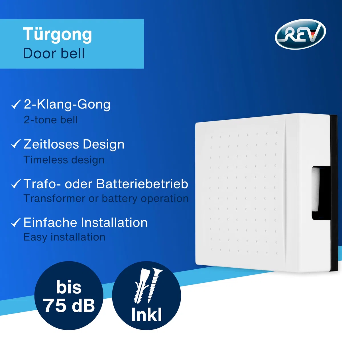 REV Carillon de porte 220102, timbre électrique bicolore, 9 V DC, jusqu'à 75 dB, blanc