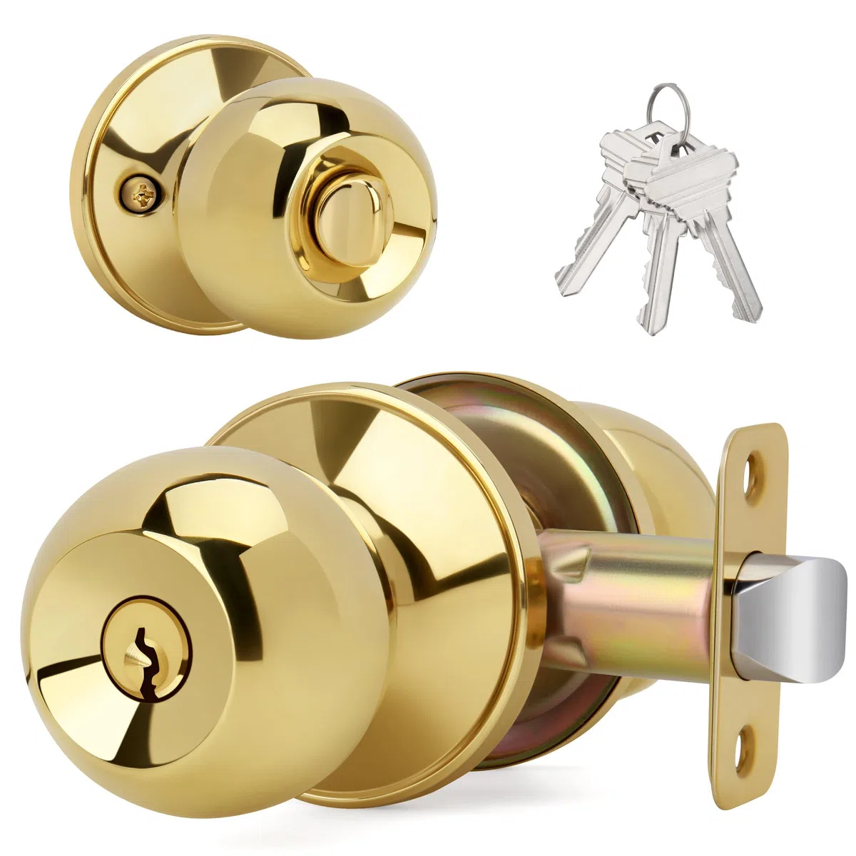 Bouton de porte en forme de boule avec clés et serrure, poignée de porte d'entrée à clé ronde pour portes d'entrée/d'entrée, finition laiton poli