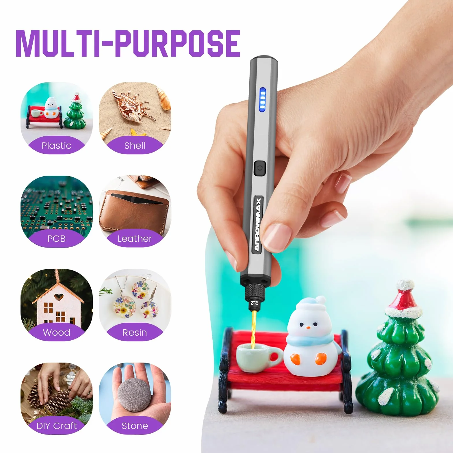 ARROWMAX Mini stylo de perceuse électrique, 13 en 1 avec étui en aluminium, rechargeable, 800 tr/min, kit de perceuse à main, 10 embouts HSS, bricolage, bois, fabrication de bijoux (SDS MINI)