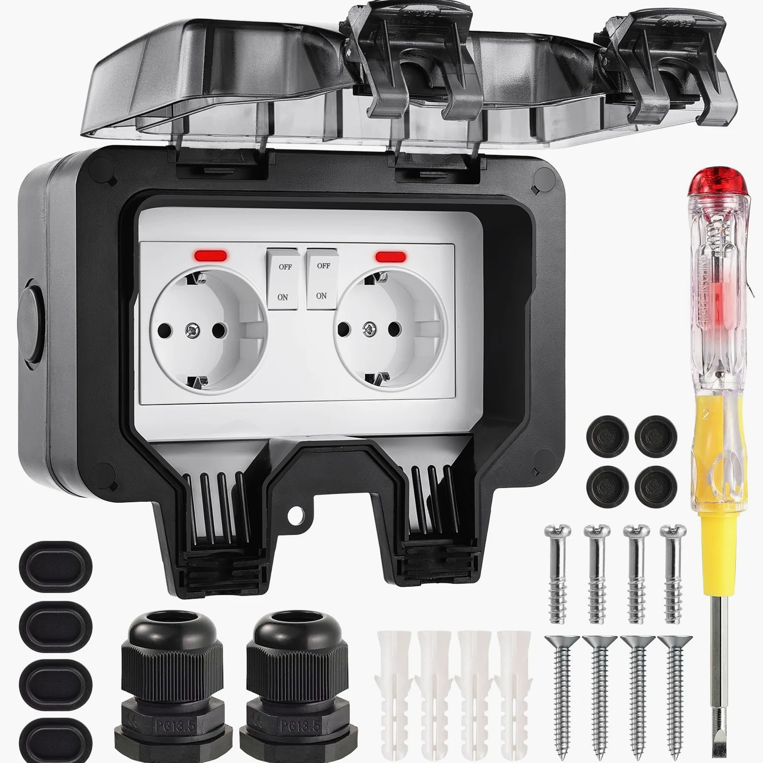 Prise Extérieure Etanche IP66 Double Prise Electrique Murale pour Courant et Volet de Protection Prise Etanche Extérieure Prise Anti-Poussière Verrouillable pour Garage Piscine Gardin Noir