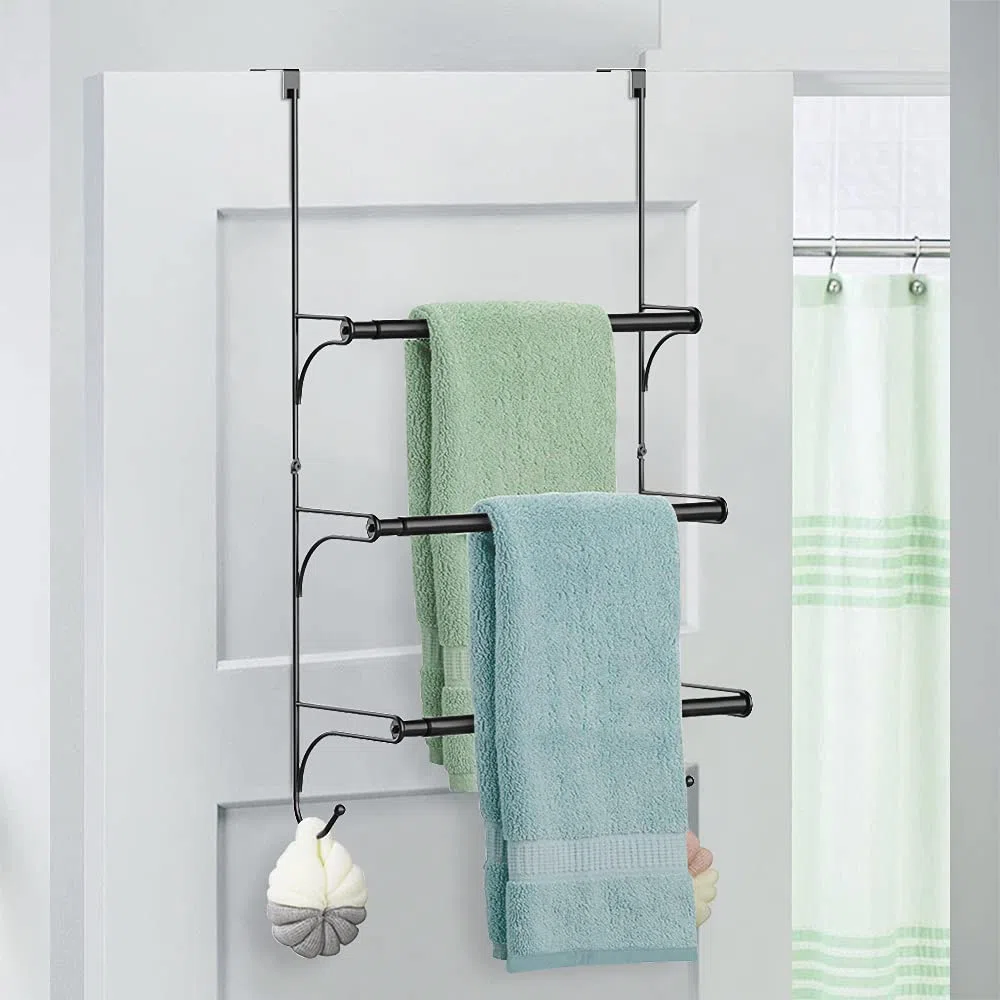 Porte-serviettes 3 couches en acier indestructible télescopique pour porte et mur - Porte-serviettes de salle de bain sans perçage - Barre pour serviettes pour salle de bain et douche, Noir