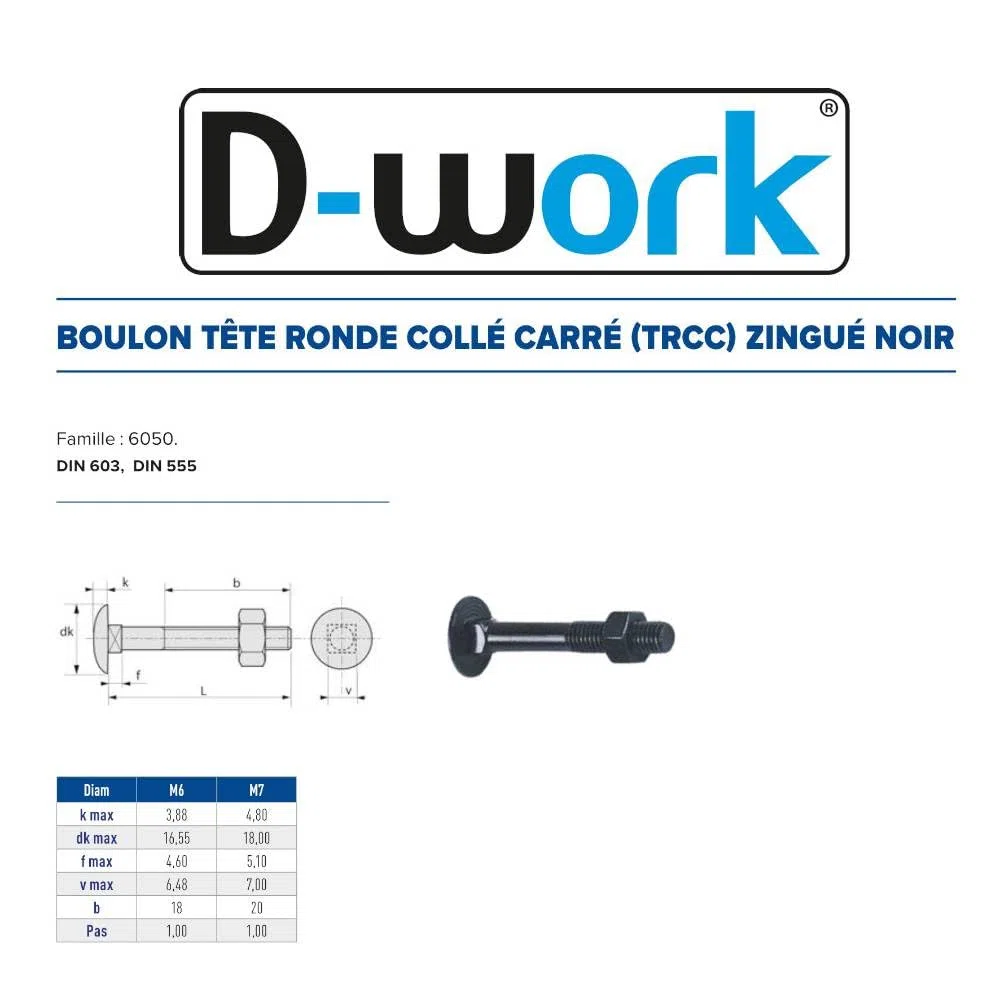 100 Boulons Tête Ronde Collet Carré TRCC 7 x 60 mm - DIN 603 - Zingué Noir - D-Work