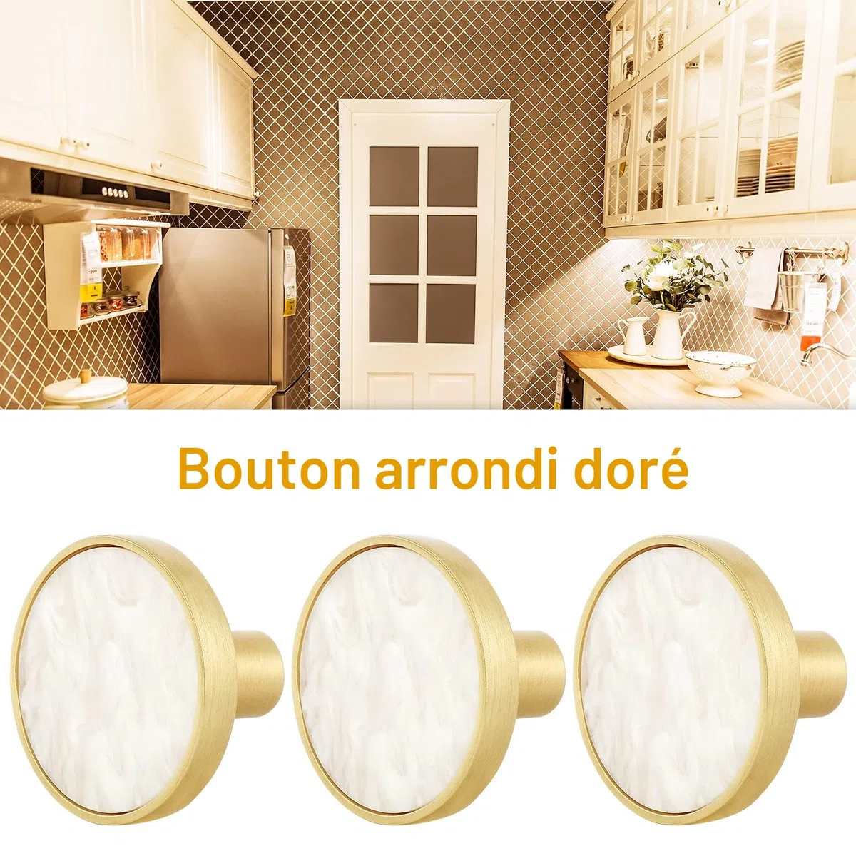 Kyrio Lot de 8 boutons de placard en laiton et marbre ronds blancs - Poignées décoratives pour tiroirs, armoires, meubles de cuisine