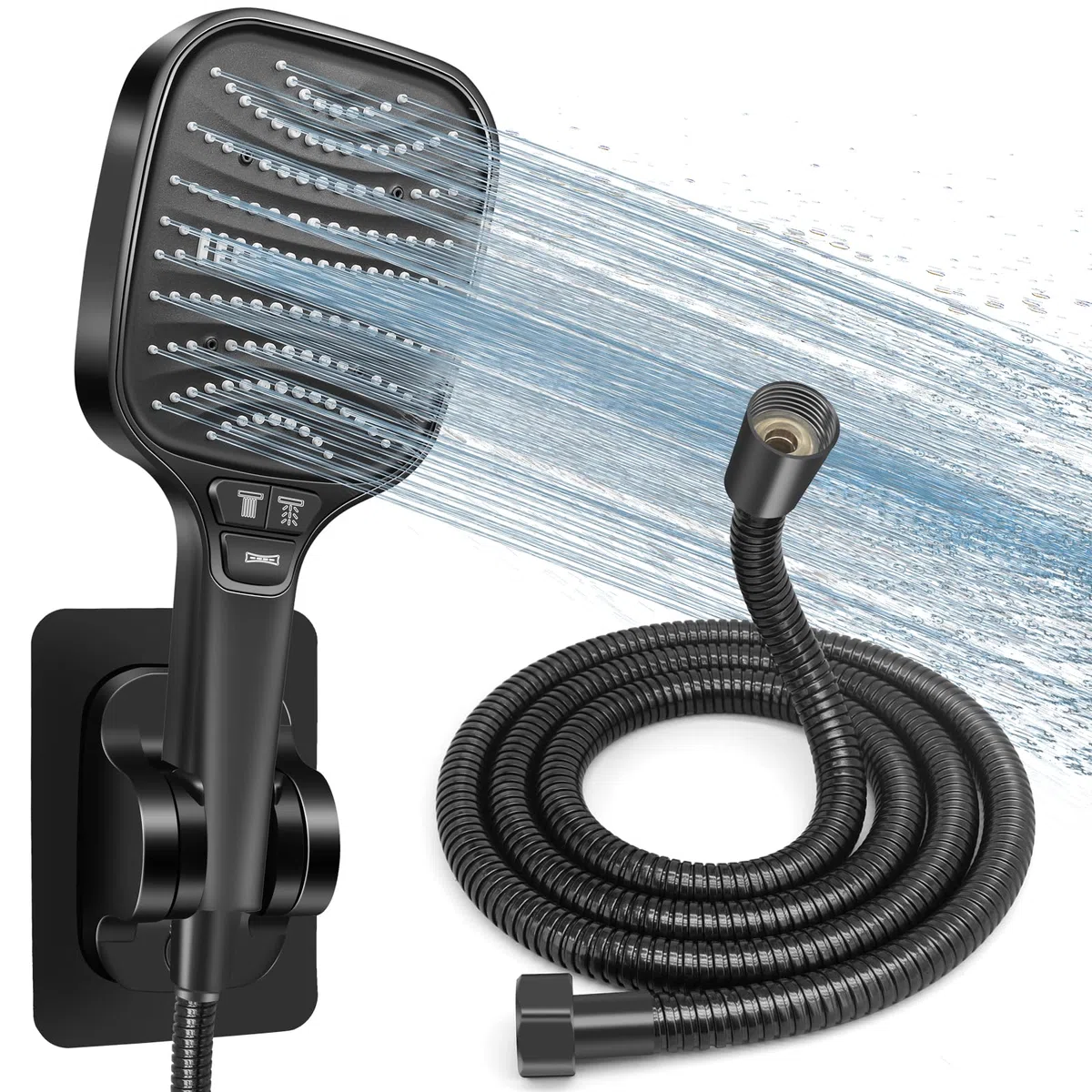 HNOOM Kit Douche Haute Pression, Pommeau de Douche Anti-Calcaire 120mm 8 Modes + Tuyau 1.5m Inox + Support Sans Perçage, Douchette Économie d'Eau, Compatible Salle de Bain(Noir)