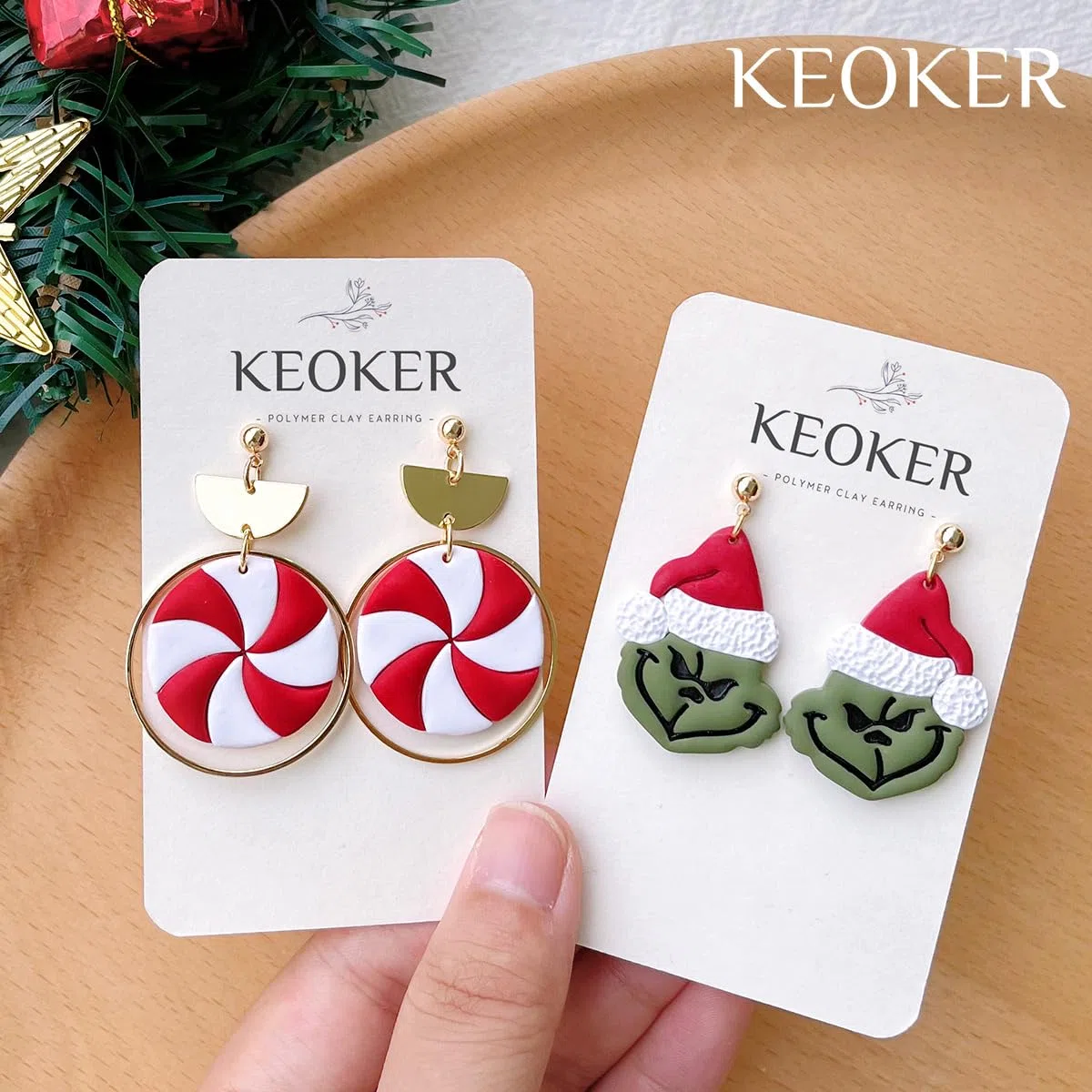 KEOKER Emporte-pièces pour argile de Noël - Formes pour boucles d'oreilles en argile polymère : Poinsettia, Grinch (10 pièces)