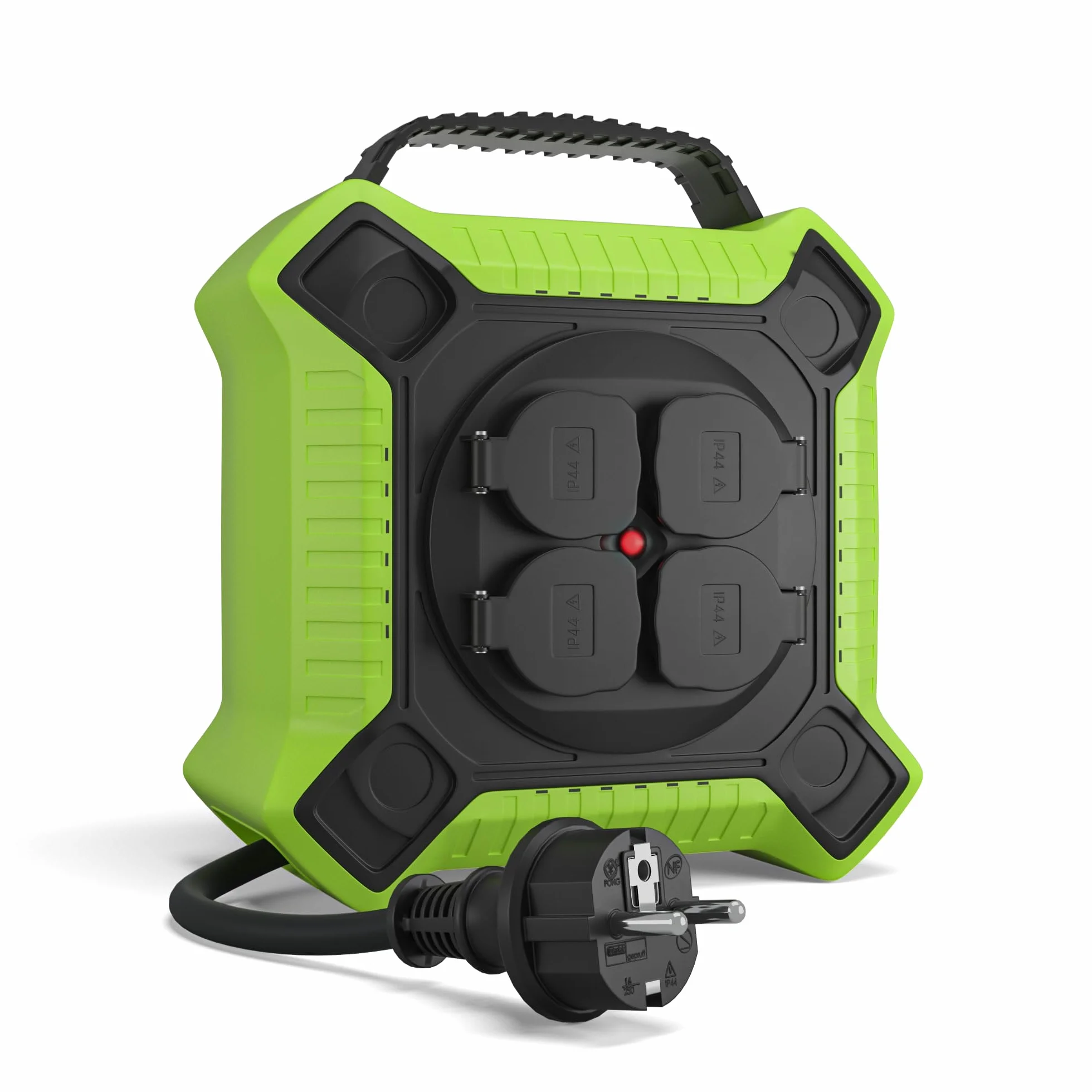 MutecPower enrouleur electrique 15m IP44 rallonge electrique enrouleur avec 4 prises de courant protégées pour usage extérieur, Noir/Vert