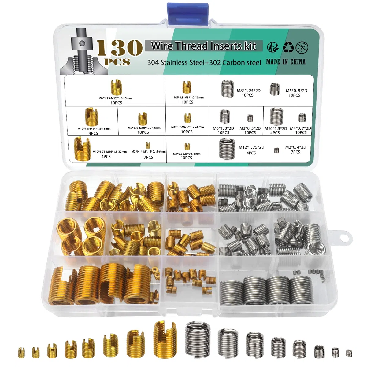 130 Pcs Kit de Réparation de Vis à Insert de Filetage Autotaraudeur en Acier au Carbone,Inserts de Réparation de Filetage,Vis d'Insertion de Filetage en Acier Inoxydable