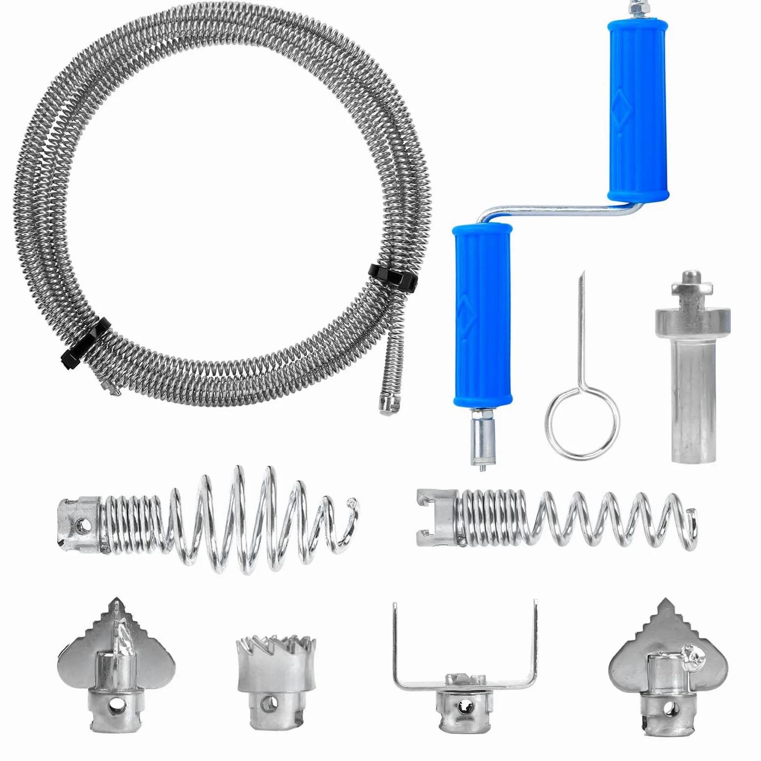Furet Déboucheur Canalisation Kit avec 6 Têtes Industrielles | 5M Longueur, 12mm Diamètre avec Adaptateur Manuel & Électrique pour Débouchage Intensif et Nettoyage de Tuyauterie
