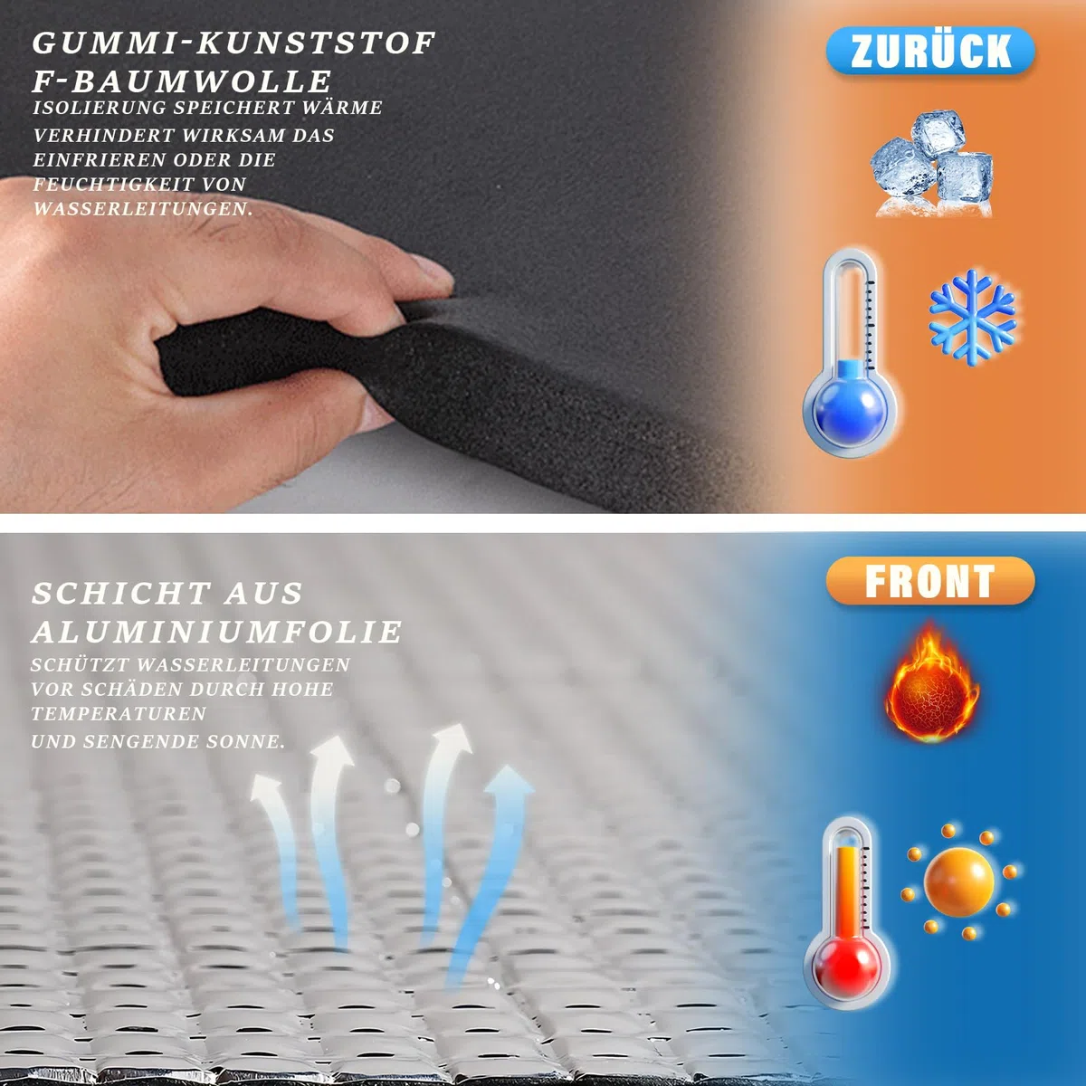 Lot de 2 rouleaux de film isolant autocollant pour tuyau d'extérieur, 20 m x 50 mm, kit d'isolation en mousse et feuille d'aluminium pour protection contre le gel en hiver, conservation de la
