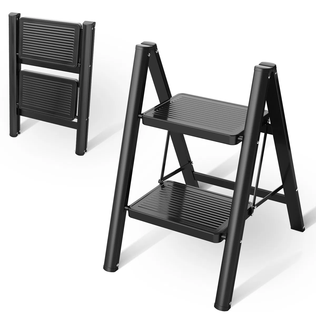Escabeau pliant - Cadre en acier robuste - Charge maximale : 150 kg - Design pliable avec surface antidérapante pour plus de sécurité (2 marches)