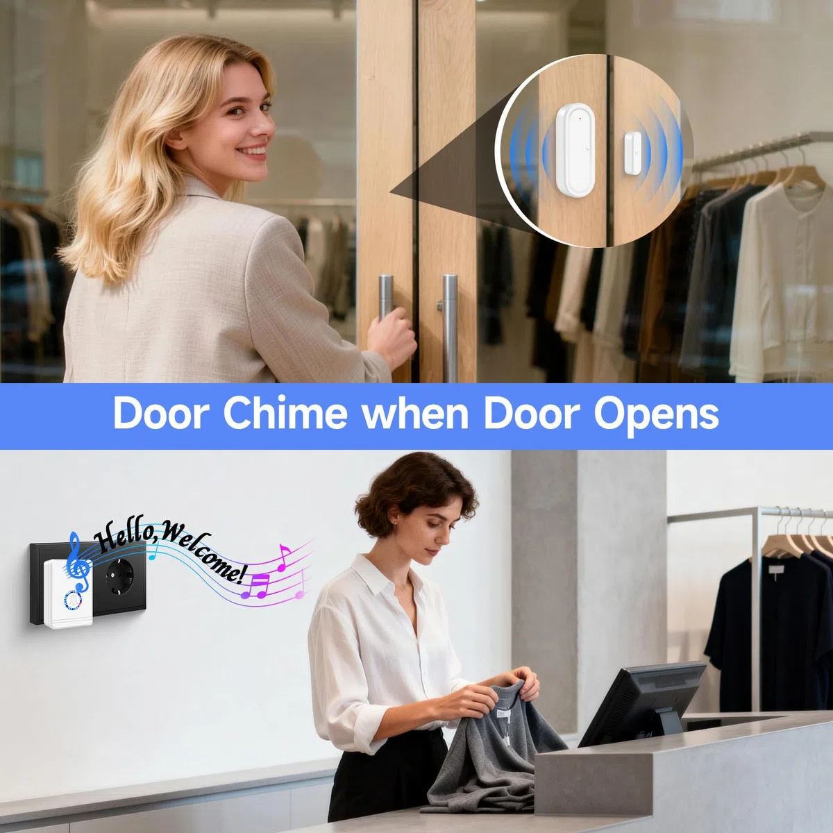 NineLeaf Carillon sans Fil Sonnette de Portée de 200M/600FT, Detecteur sans Fil pour Portes et Fenêtres, 48 sonneries, système d'alarme de sécurité à Domicile, sécurité de Magasin 1Récepteur 1Chime
