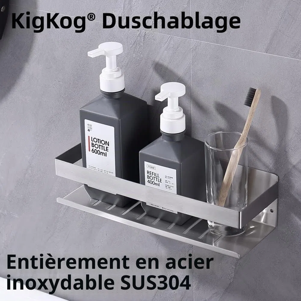 Étagère de Douche sans Perçage, Étagère de Douche Auto-adhésif,SUS304 Acier Inoxydable Adhésive Panier de Douche Nickel Brossé 30CM