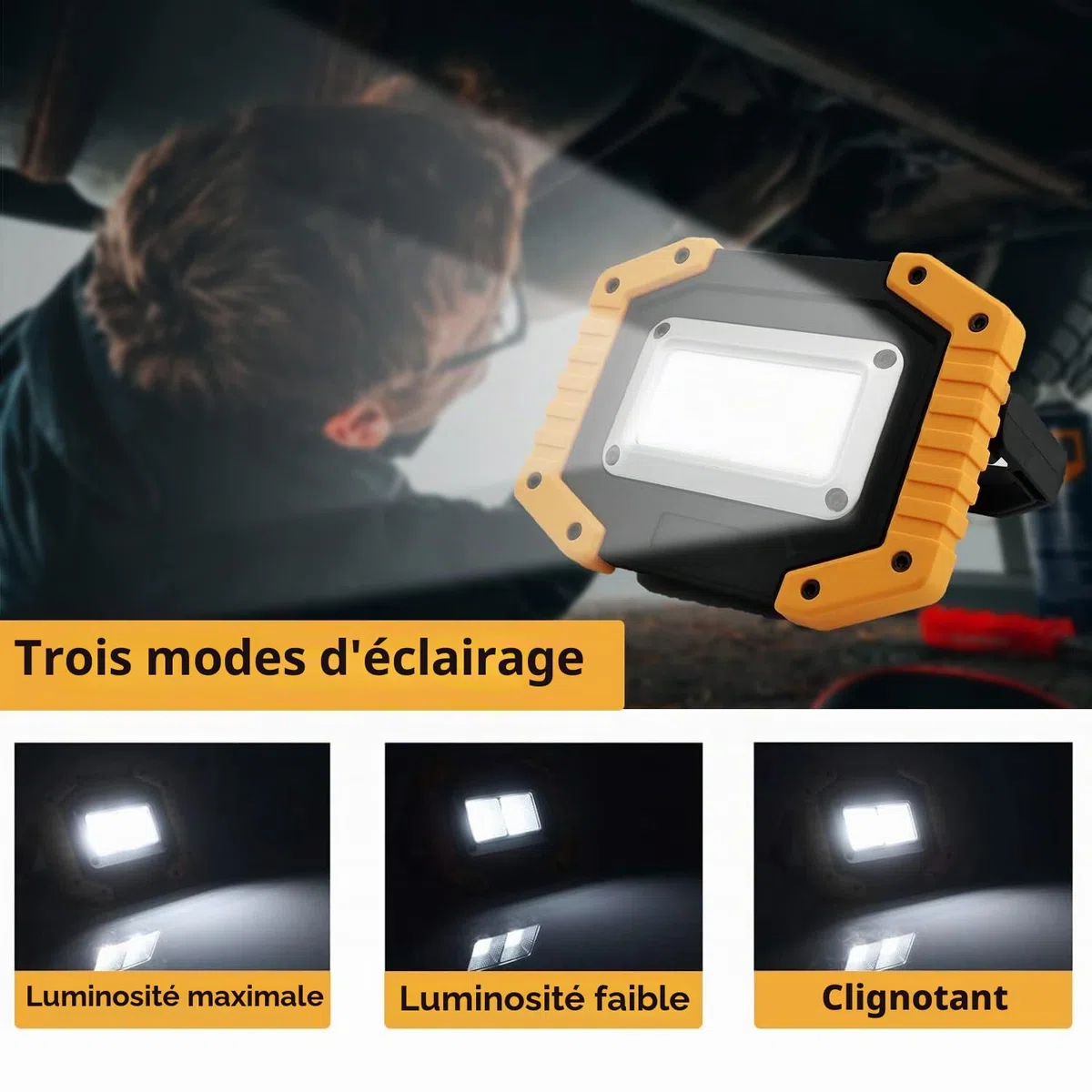 Lot de 2 projecteurs de chantier LED 30 W rechargeables super lumineux 3 modes d'éclairage Lampe de travail étanche COB USB Lampe de camping pour garage, extérieur, camping, urgence, chantiers de