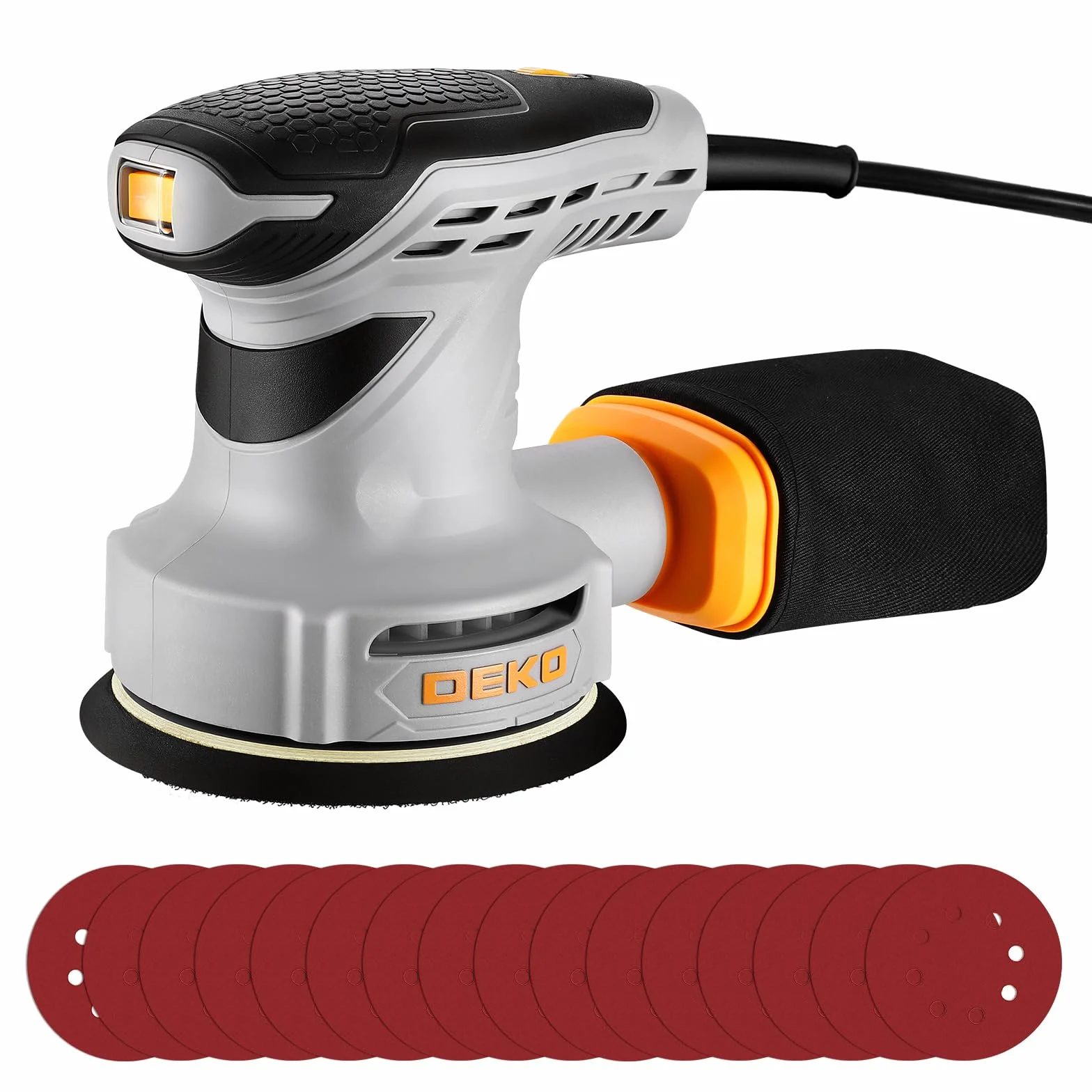 DEKOPRO Ponceuse Excentrique 300W 125mm: Ponceuse Orbitale Electrique 13000RPM, avec Auto-aspiration, Auto-agrippant Papier Abrasif 16 Pièces, pour Surfaces en Bois, Acier, Polissage de Précision