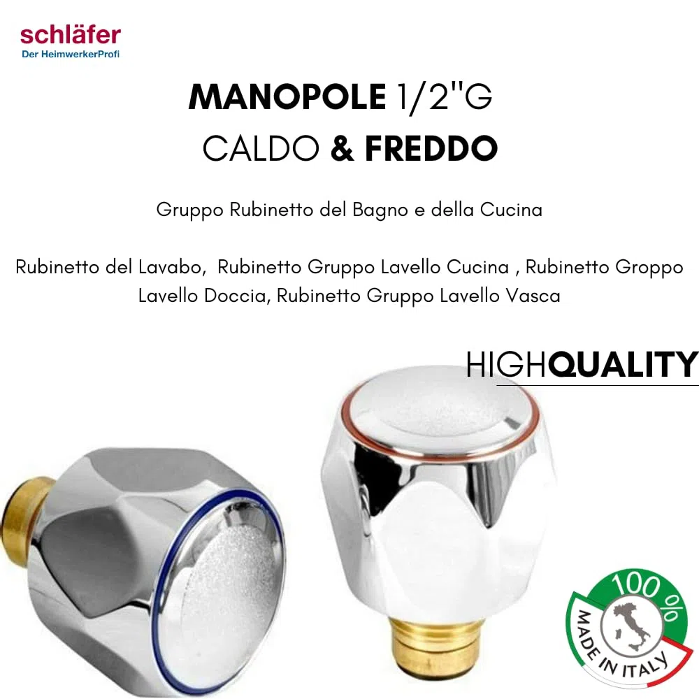 Schläfer 4502816 | Bouton, Poignée pour Groupe Robinet Évier, Kit de Rechange Robinet Salle de Bain et Cuisine Universel, Paire de Poignées en métal CHAUD et FROID avec Tiges Mécaniques 1/2" G - diam