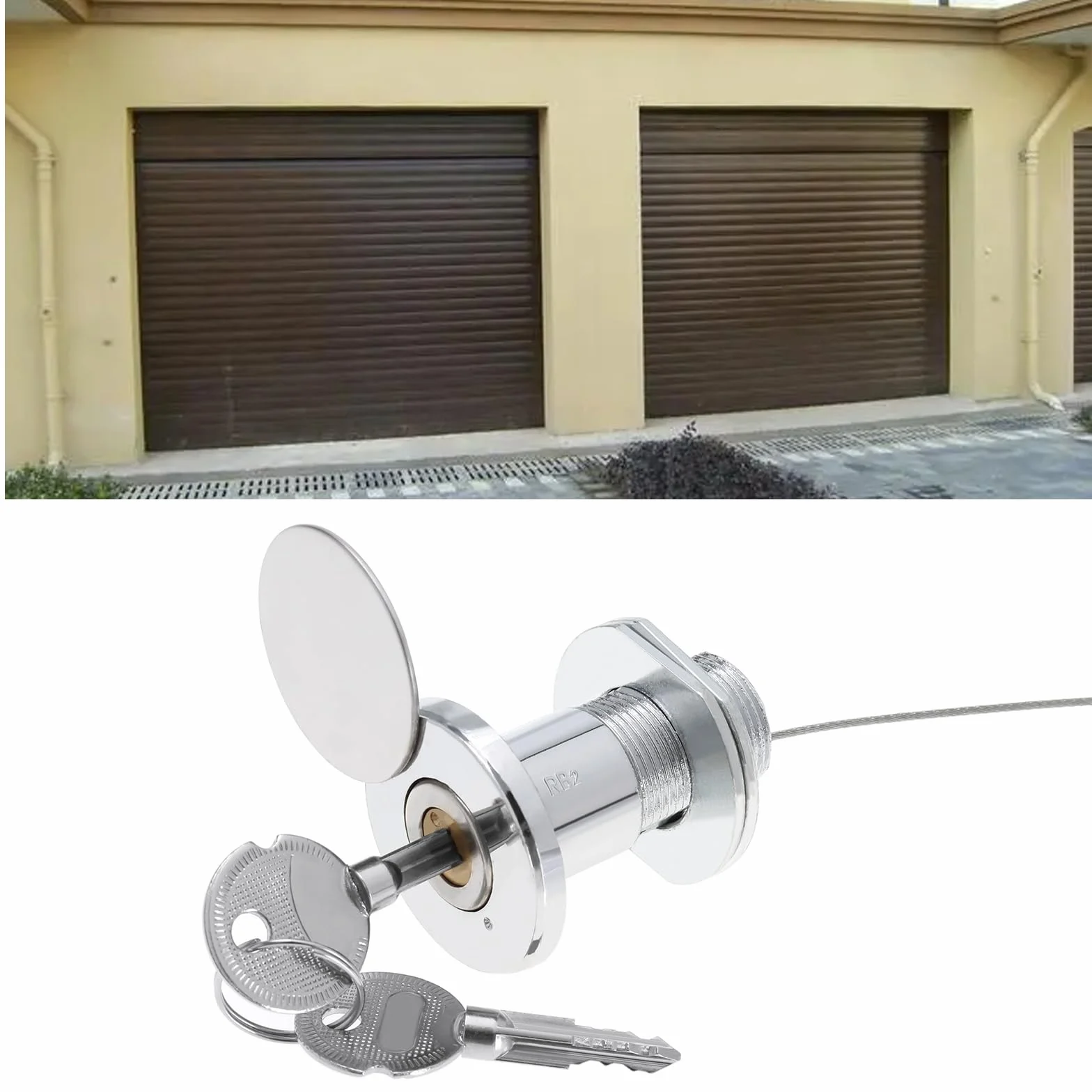 Serrure de Porte Garage d'urgence avec Fil d'acier et 2 Clés pour Portes de Volets Roulants et Serrure de Portes de Garage Remplacement en Cuivre