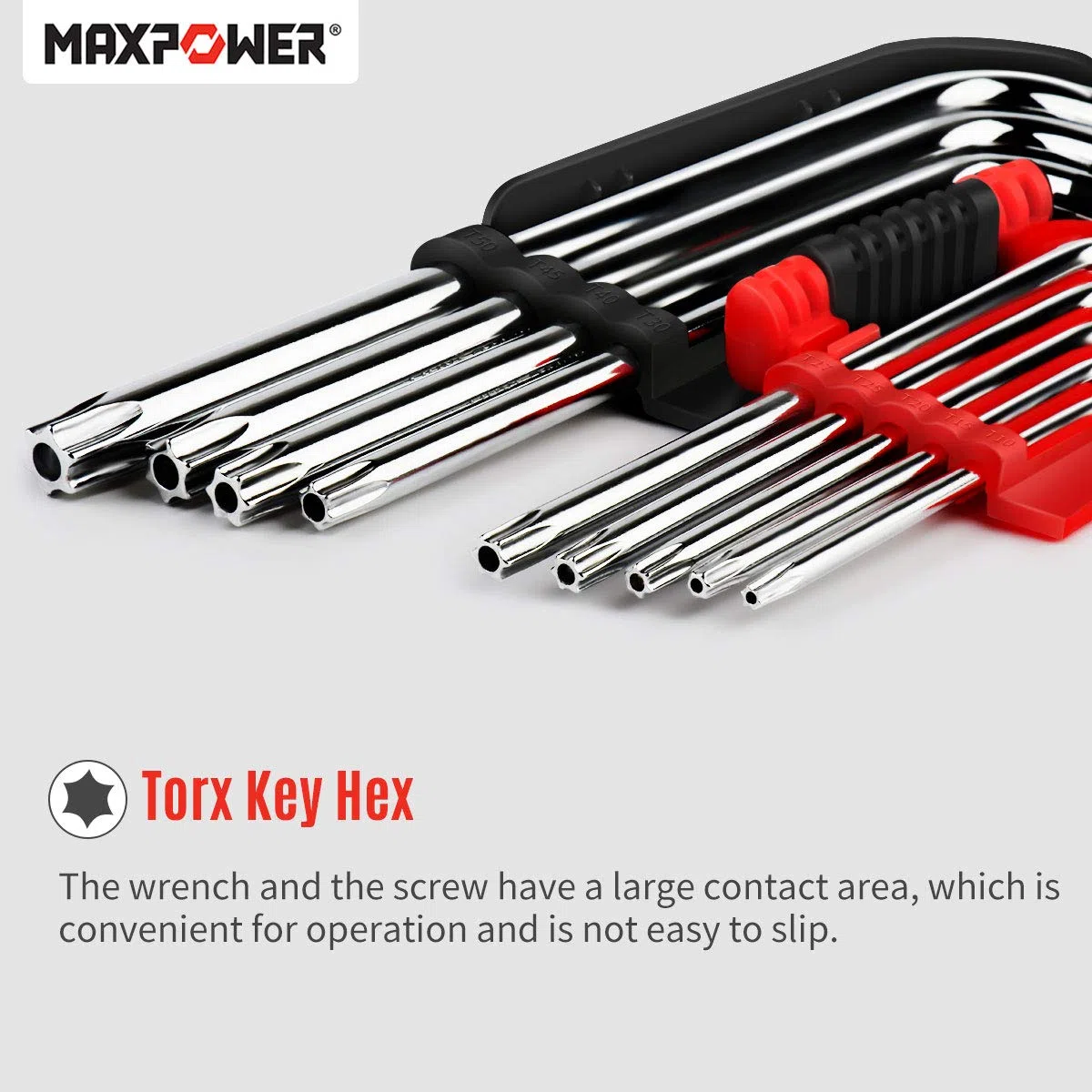 MaxPower Jeu de 9 clés Allen longues avec trou central – Torx percées | Acier Cr-V anticorrosion | Clé Allen étoile inviolable avec boîte de rangement