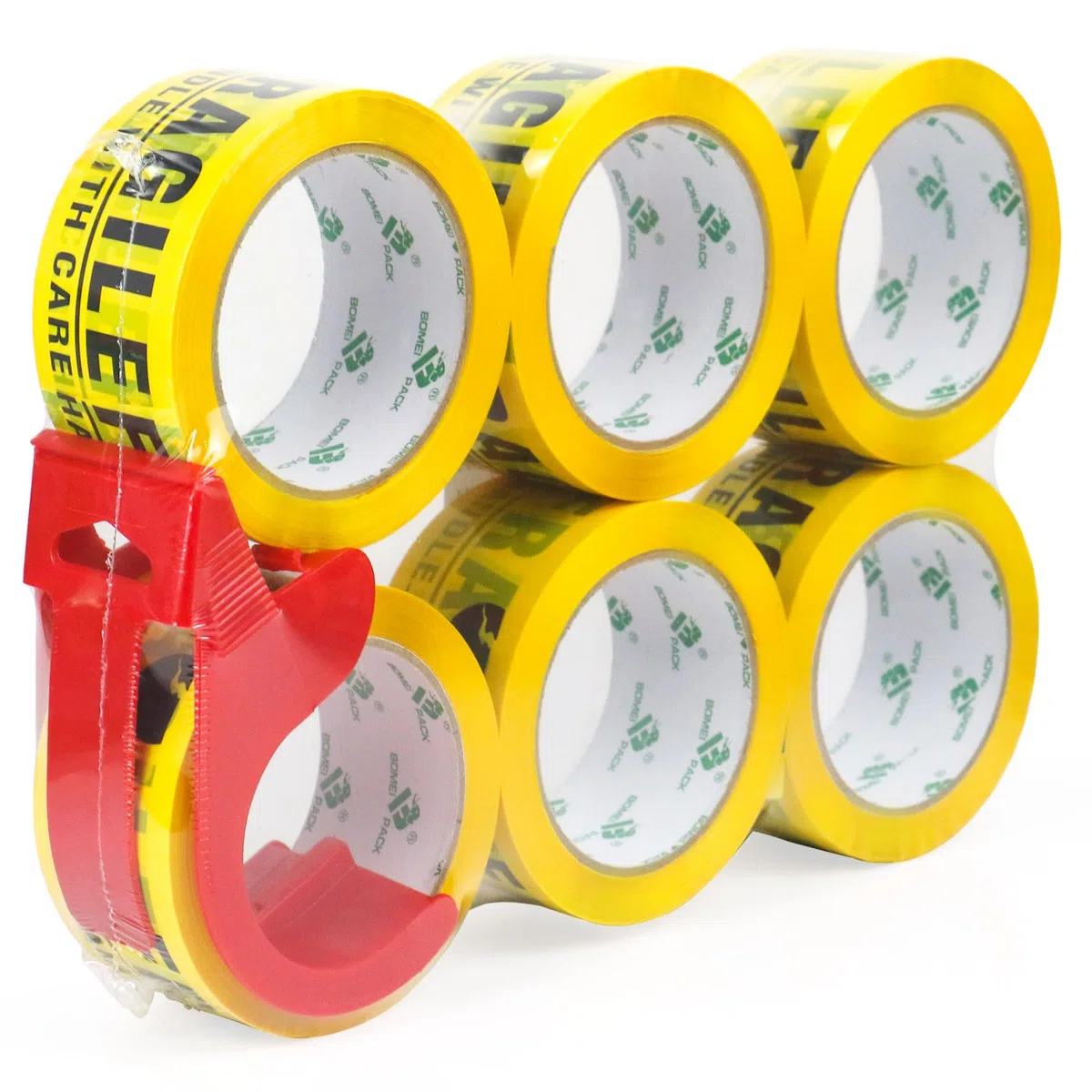 BOMEI PACK FRAGILE Jaune Ruban d’emballage sécurité 66m x 48mm–6 rouleaux avec dévidoir Adhésif fort pour colis, entrepôt, e-commerce