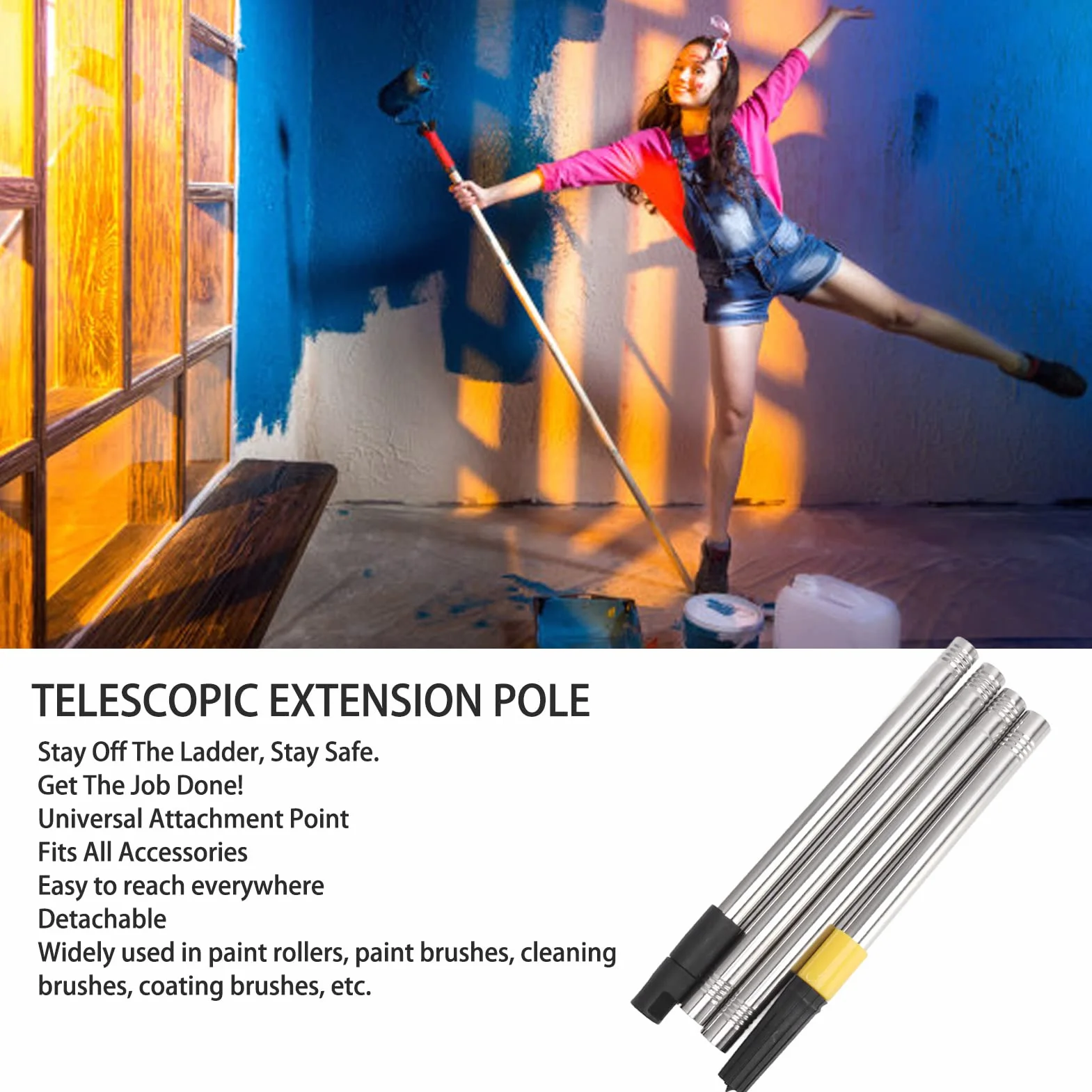 Perche d'extension, Construction robuste avec joints baïonnette Acier inoxydable polyvalent pour peinture murs ampoules nettoyage gouttières
