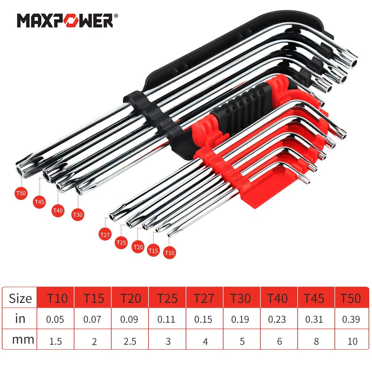 MaxPower Jeu de 9 clés Allen longues avec trou central – Torx percées | Acier Cr-V anticorrosion | Clé Allen étoile inviolable avec boîte de rangement