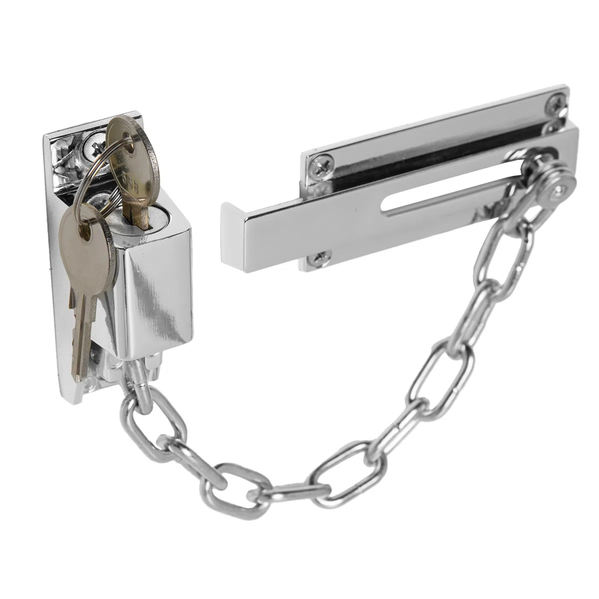 Chaîne de verrouillage de porte XFORT en chrome poli, chaîne de sécurité pour porte avant avec mécanisme de déverrouillage par clé externe.