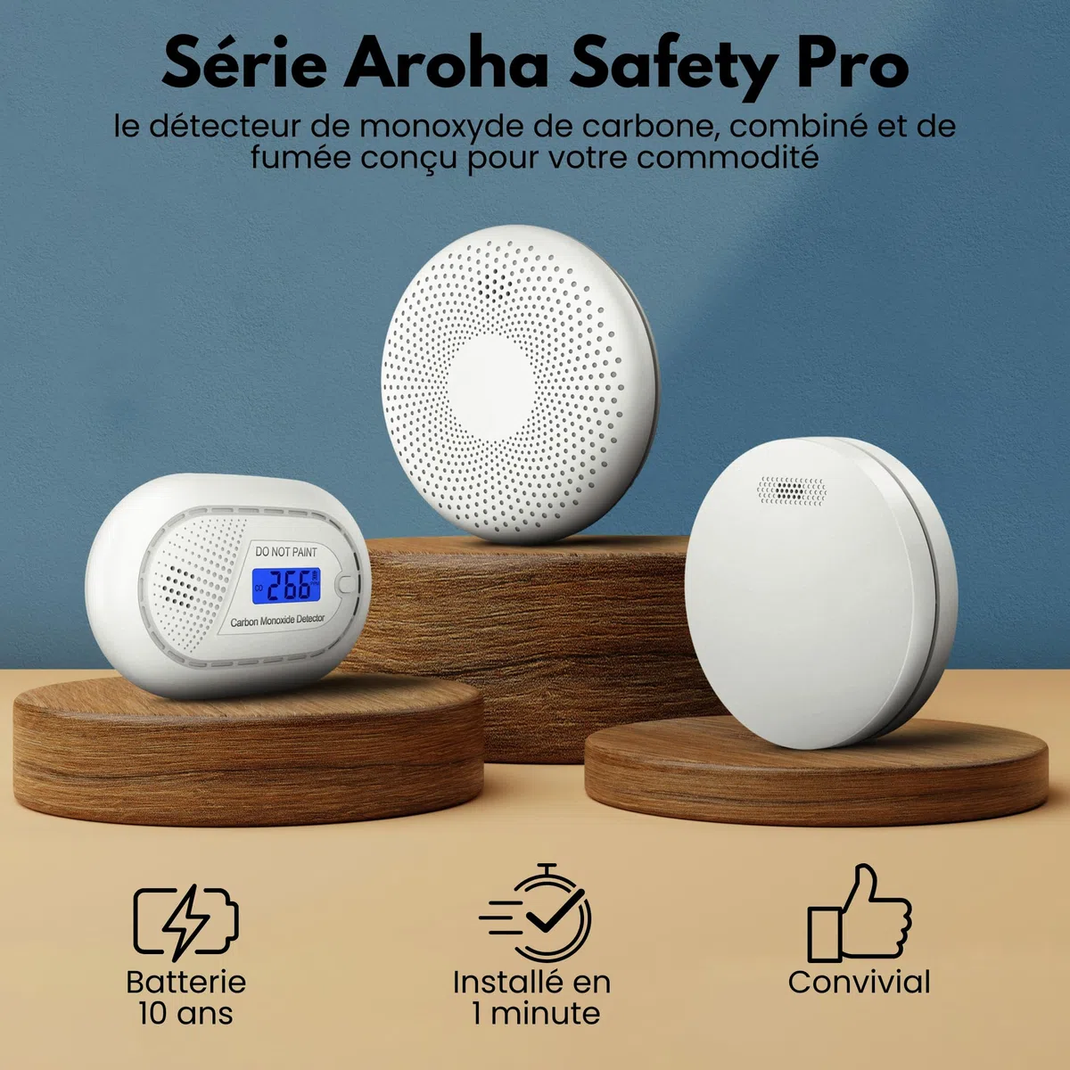 Aroha Safety Pro Détecteur Combiné avec Fumée et Monoxyde de Carbone - Batterie de 10 Ans - Alarme Incendie & Alarme de Monoxyde de CO