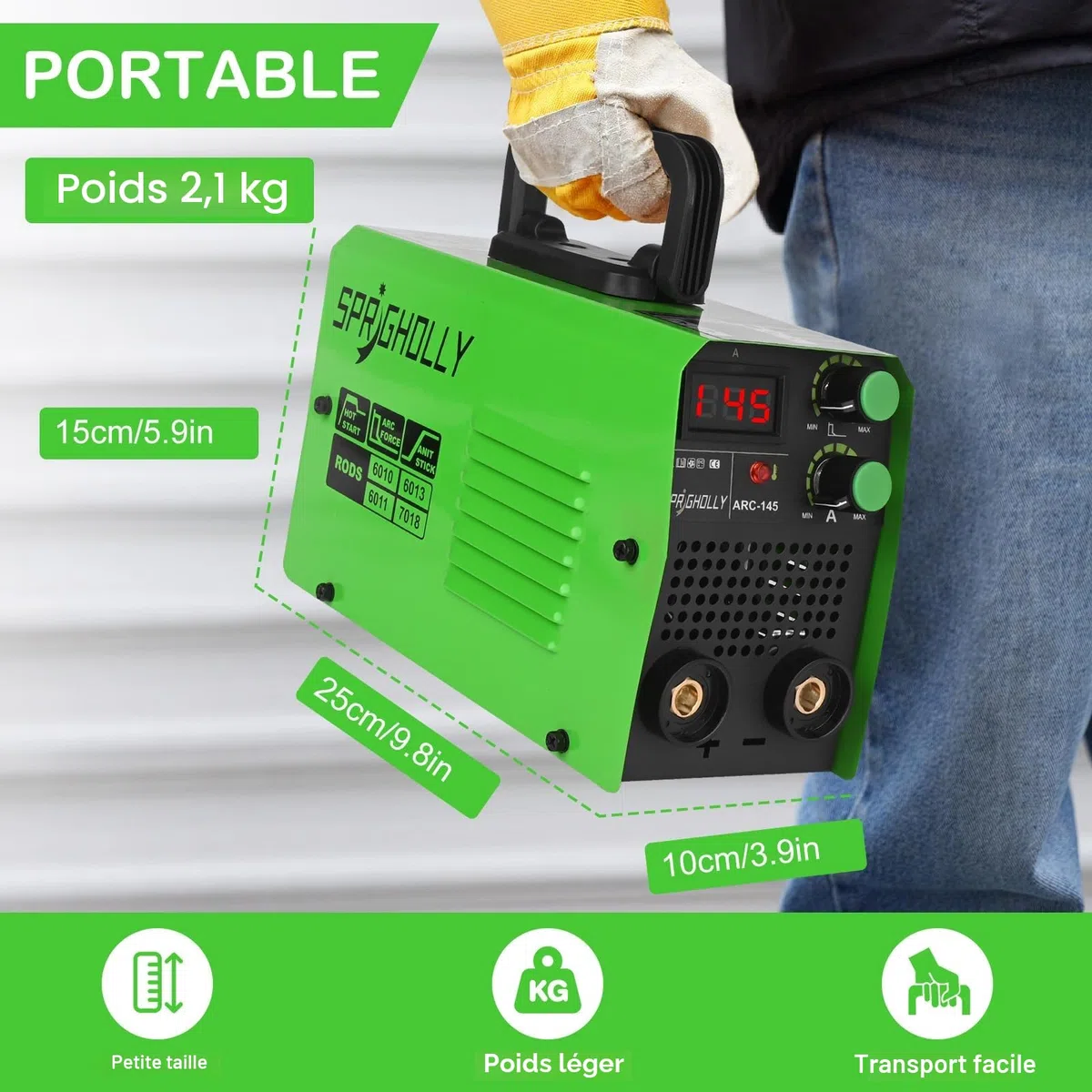 Mini Poste a Souder Inverter 145A IGBT, Poste à Souder ARC Lift TIG, Pince de Terre de Haute Qualité et Affichage LED, Hot-Start & Anti-Stick, Modèle ARC145