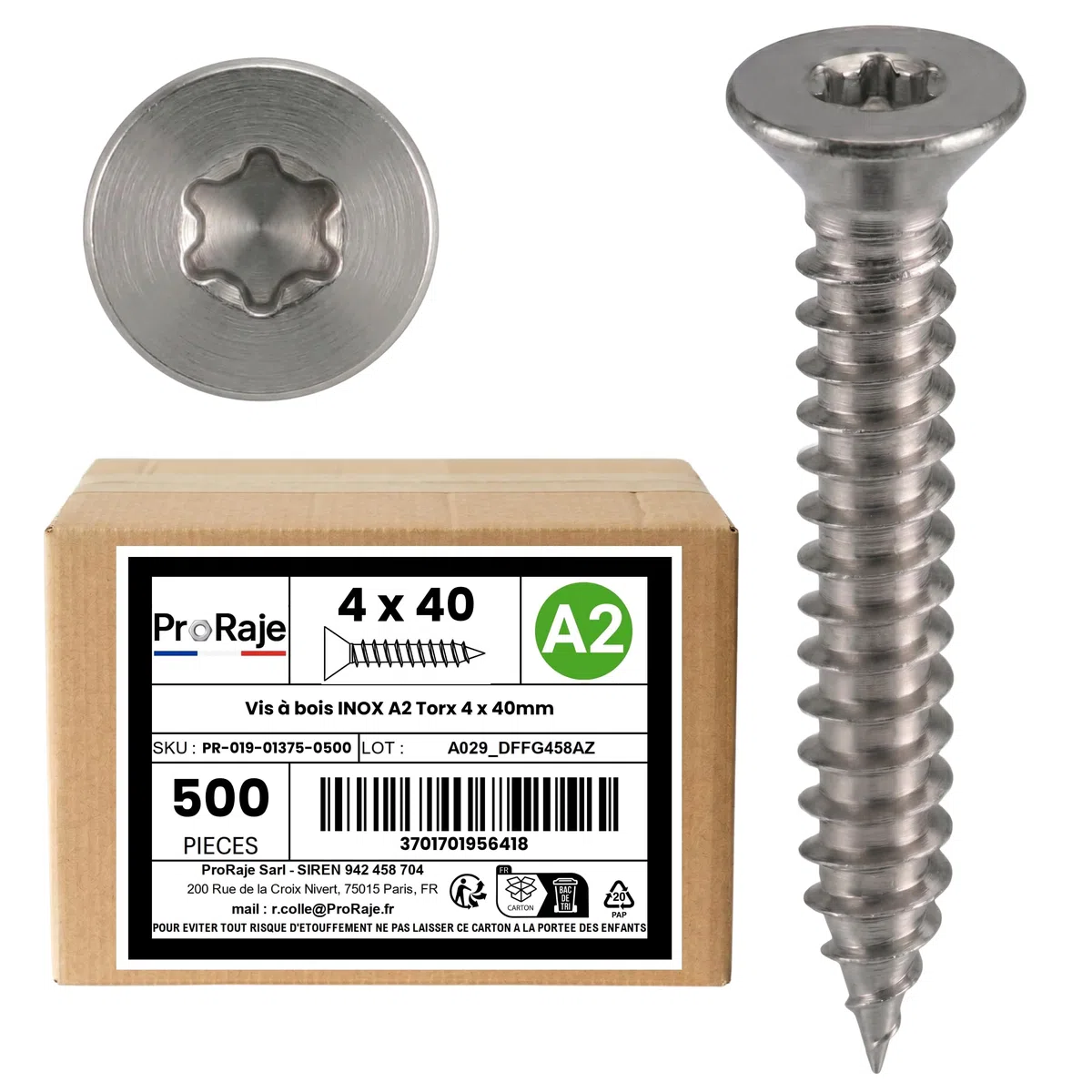 Vis à bois INOX A2 : 4 x 40 mm | Tête fraisée empreinte TORX (TX) | Acier inoxydable A2 (V2A / AISI 304) | construction/aggloméré/terrasse/etc : LOT DE 500 Pcs