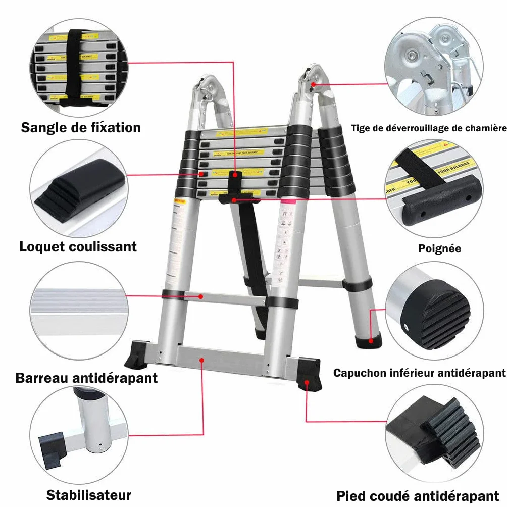 Marchepieds escamotables, échelle Télescopique, Escabeau Telescopique Pliable, Echelle Escamotable en Métal, Charge Max 150 kg (5M (2,5M + 2,5M))