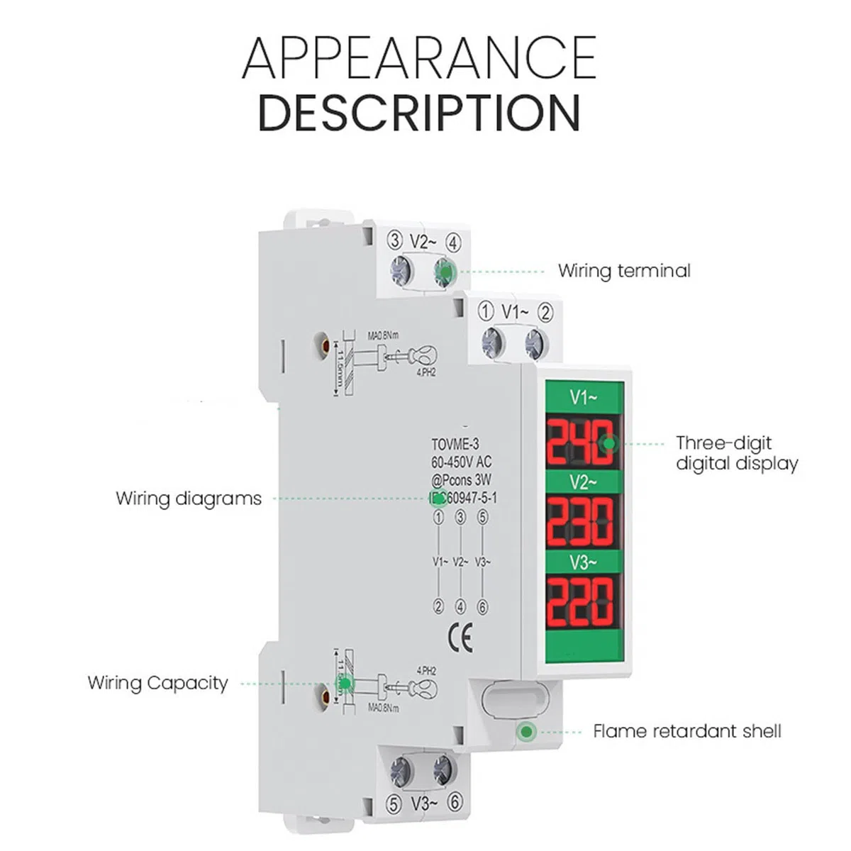 Marhynchus Voltmètre triphasé, Voltmètre Numérique LCD pour Mesure de Tension AC 60-450 V, monté sur Rail Din avec Interface Conviviale