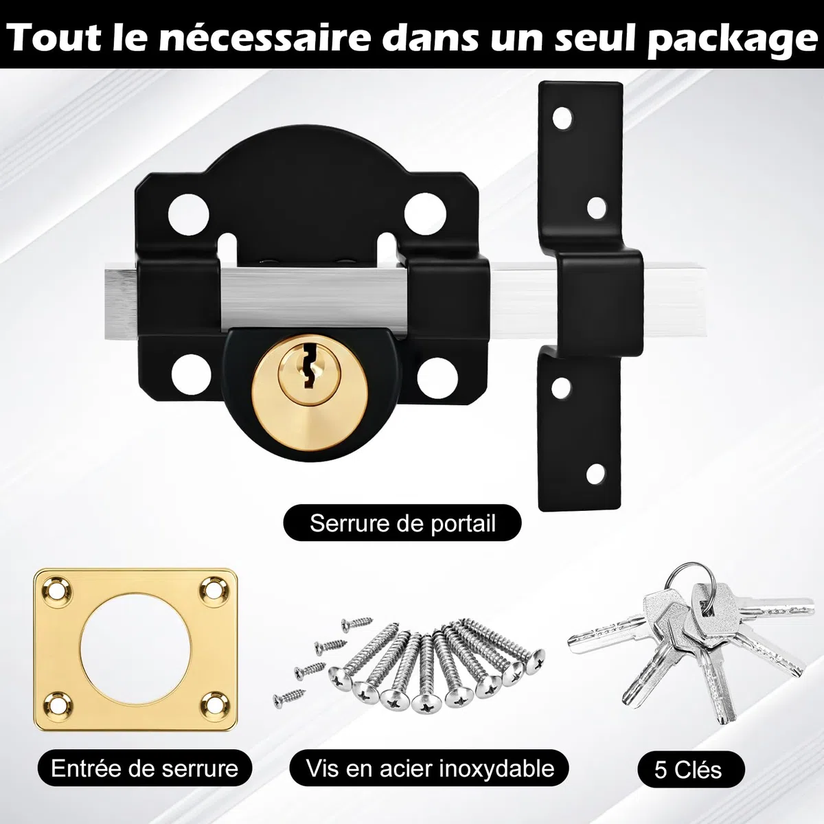 Serrure de portail à longue portée, convient pour porte droite et gauche, serrure à mortaise, verrouillage double face, 5 clés (50 mm)