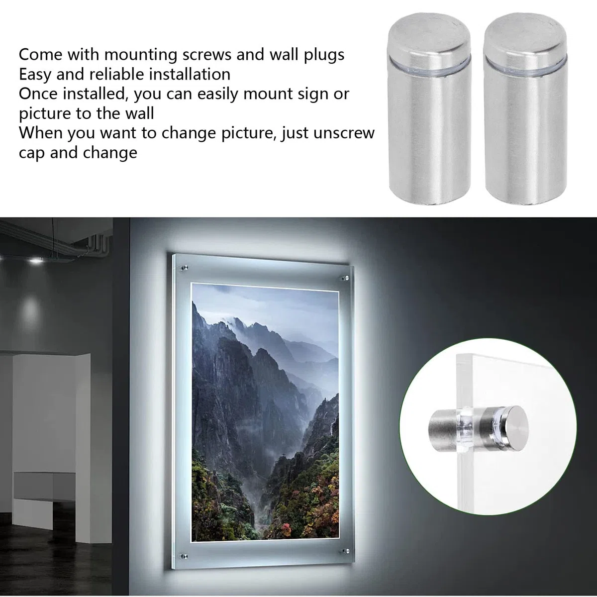 Entretoises Murales en Acier Inoxydable, 12 Pièces, 19x40mm, Kit de Vis et Chevilles pour Panneau Acrylique, Supports d'Affichage Publicitaire