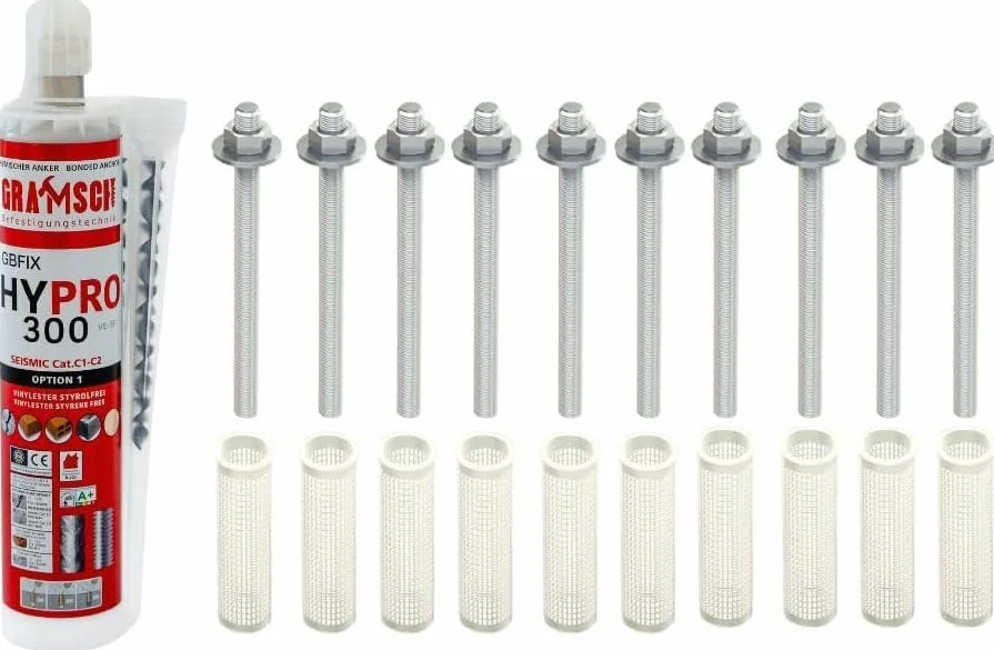 Kit de fixation pour charges lourdes M8 avec autorisation : barres d'ancrage 10 x 8 x 110 mm gvz. + 1 x Liquix Pro 1 + 10 x 12 x 80 mm, kits de montage M6-M16 (acier galvanisé, M8 x 110 mm)