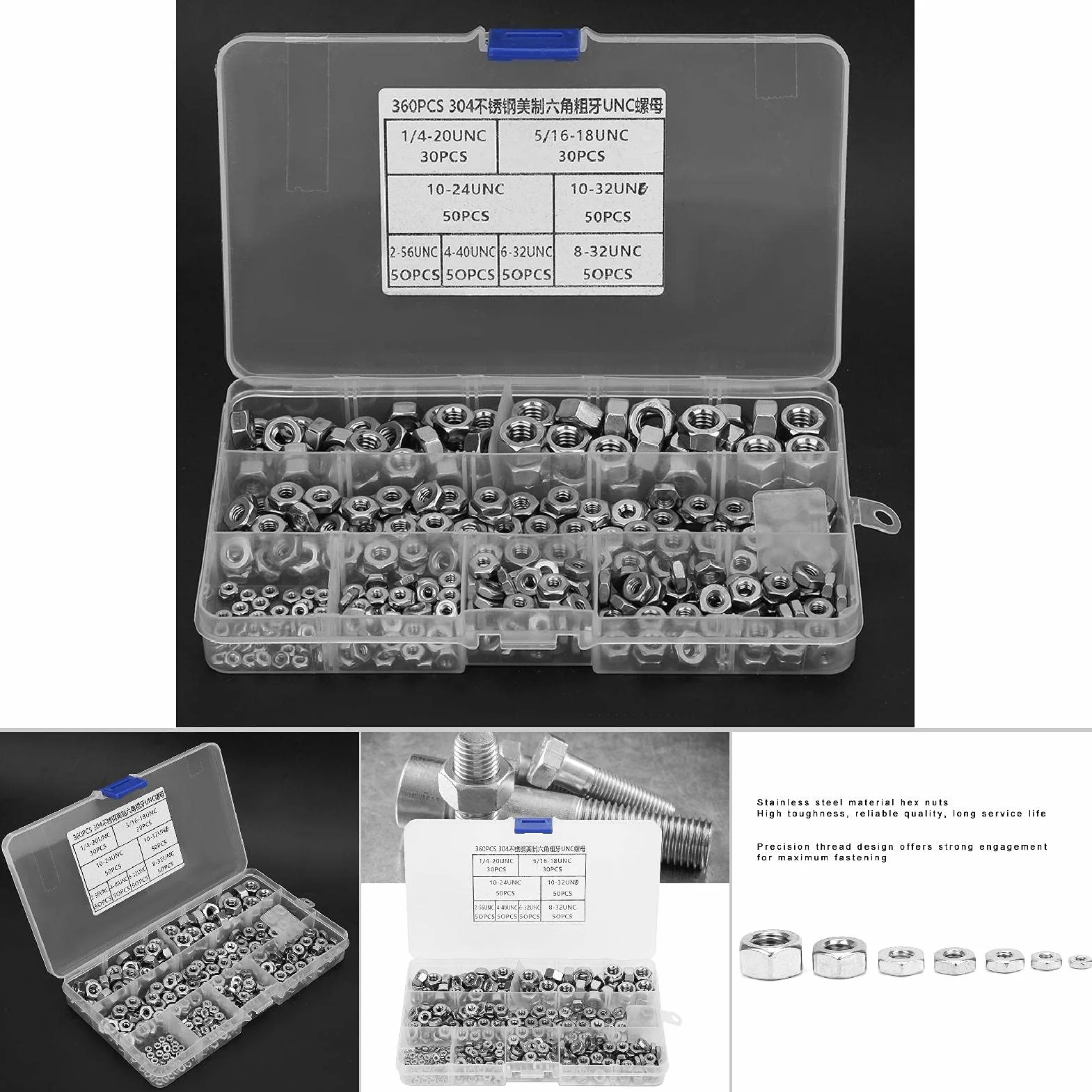 Écrous hexagonaux en acier inoxydable, filetage grossier, système américain UNC, 360 pièces, écrous de roue ensemble, Fermetures