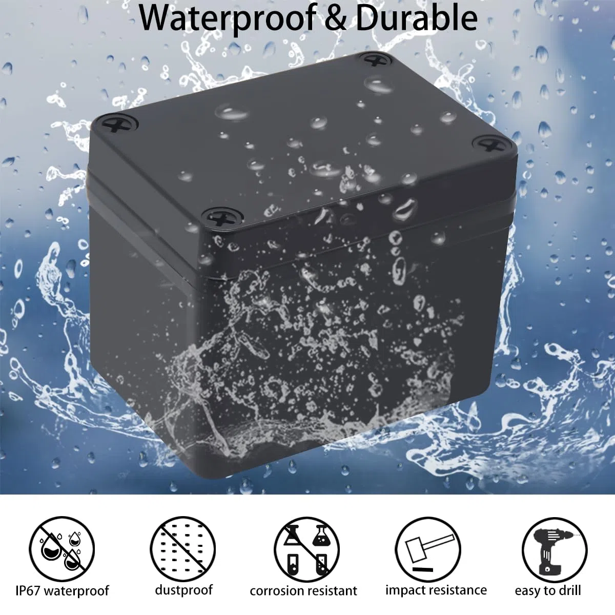 Boîte de jonction étanche IP67 en ABS noir avec plaque de montage pour appareils électroniques extérieurs 110 x 80 x 85 mm