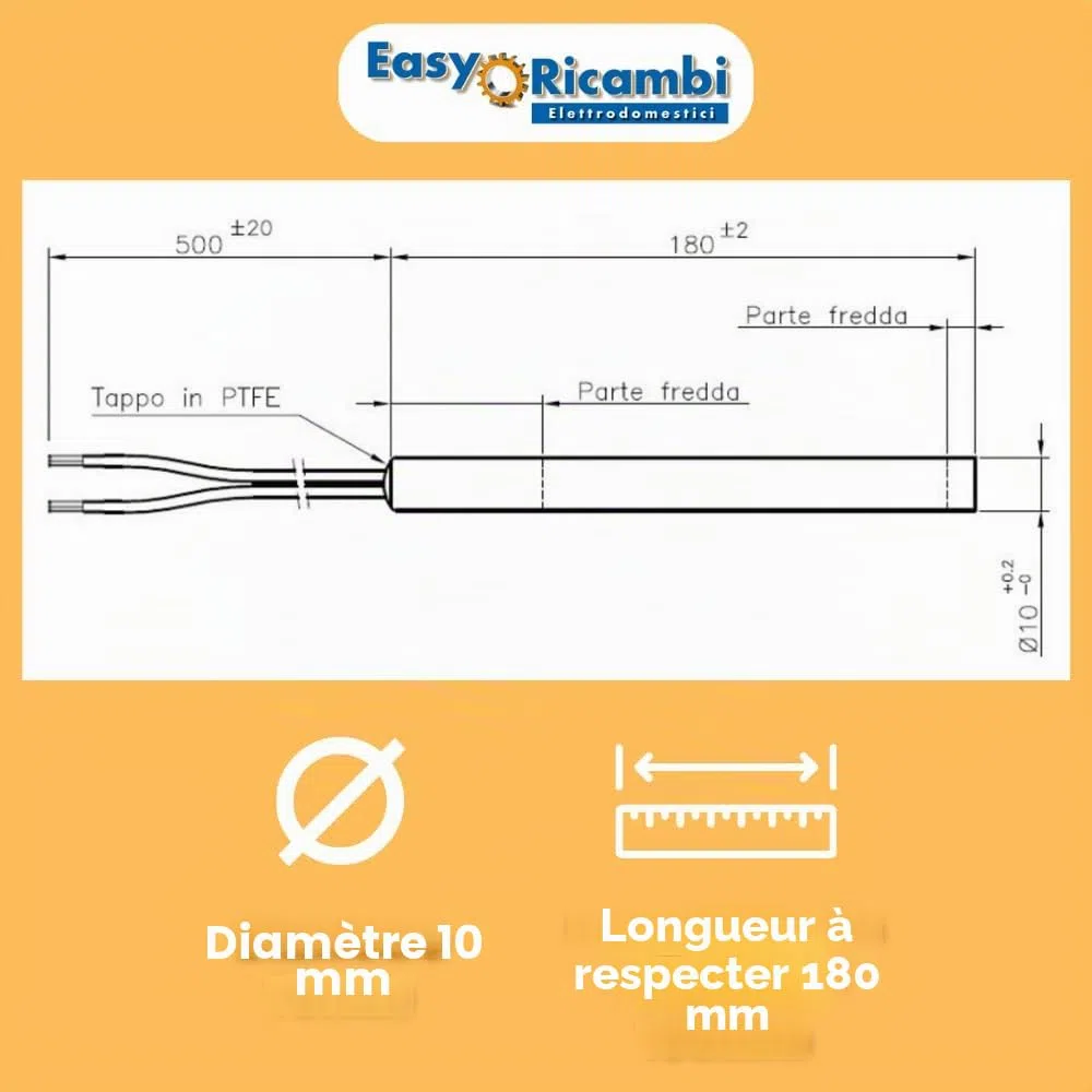 Easyricambi - Bougie d'allumage pour poêle à pellets 320W, modèle linéaire de diamètre 10 mm et longueur 180 mm, résistance pour un chauffage rapide, pièce de rechange pour de nombreux modèles de