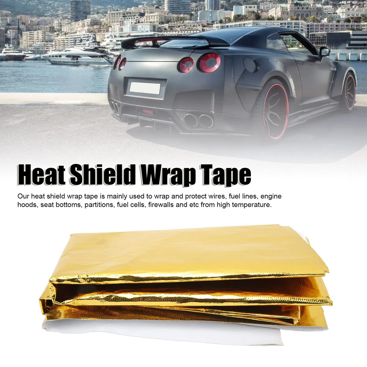 Film de Protection Thermique, 99 X 119 Cm Ruban Auto-adhésif Réfléchissant à Isolation Thermique pour Envelopper les Fils et les Conduites de Carburant (Or)
