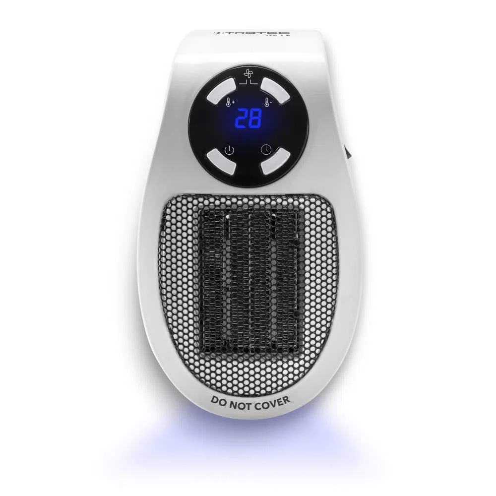 TROTEC Mini-chauffage pour prise murale TFC 1 E | Chauffage de 500 watts | 2 vitesses de ventilation | Fonction d'horloge (1−12 heures) | 10 m²/25 m³ max.