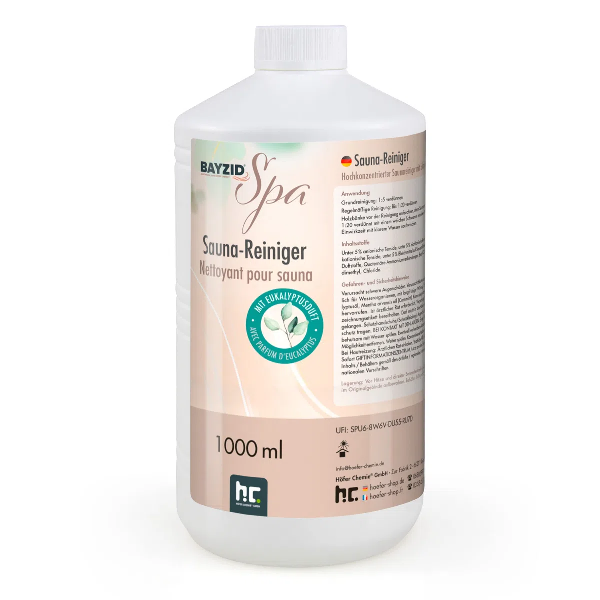 1 L Bayzid SPA Nettoyant pour Sauna concentré parfum eucalyptus, pour le nettoyage du bois du sauna