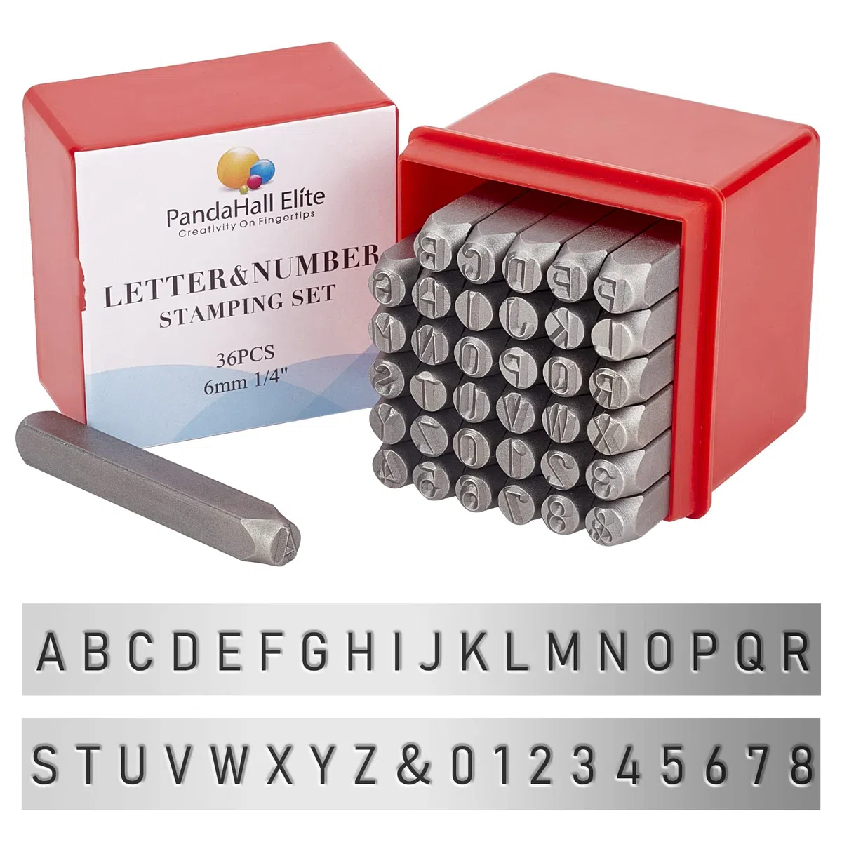 PH PandaHall 36PCS 6mm Lettre à Frapper, Jeu de Timbres en métal, Lettre Alphabet A-Z et Numero 0-8 et &, Outil de Presse pour Perforation de poinçons pour Timbres, Le fer, Noir, 63x8mm